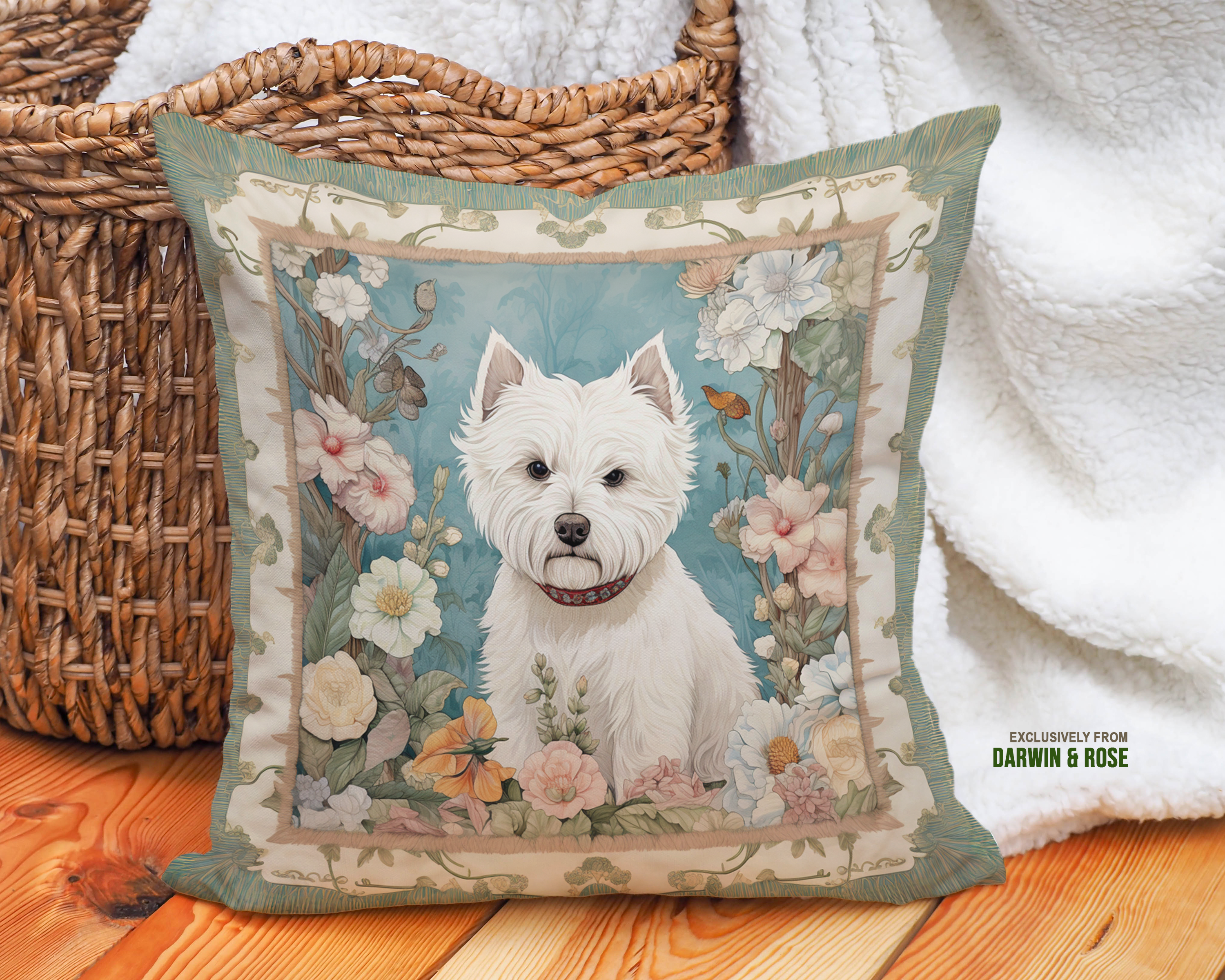 Westie Charm Floral Vintage Throw Pillow