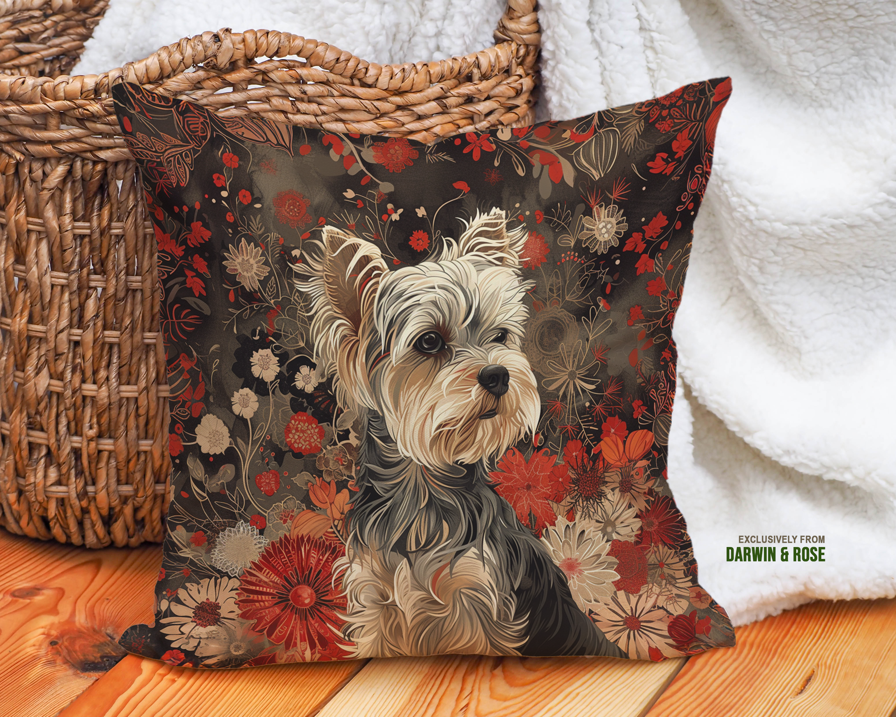 Yorkshire Terrier Floral Charm Throw Pillow - Modern Boho Style