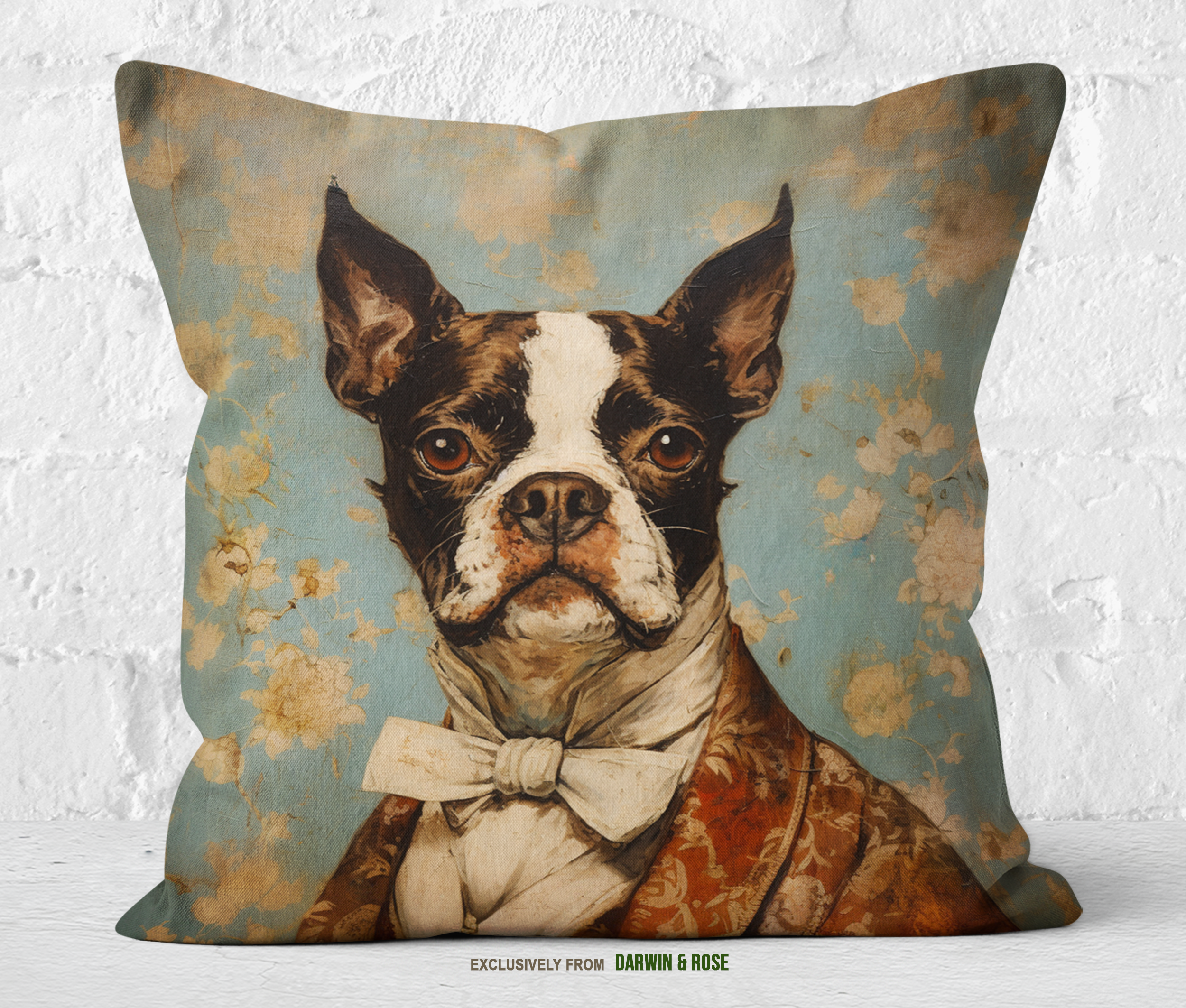 Regal Boston Terrier Throw Pillow - Vintage Floral Charm for Modern Farmhouse Decor
