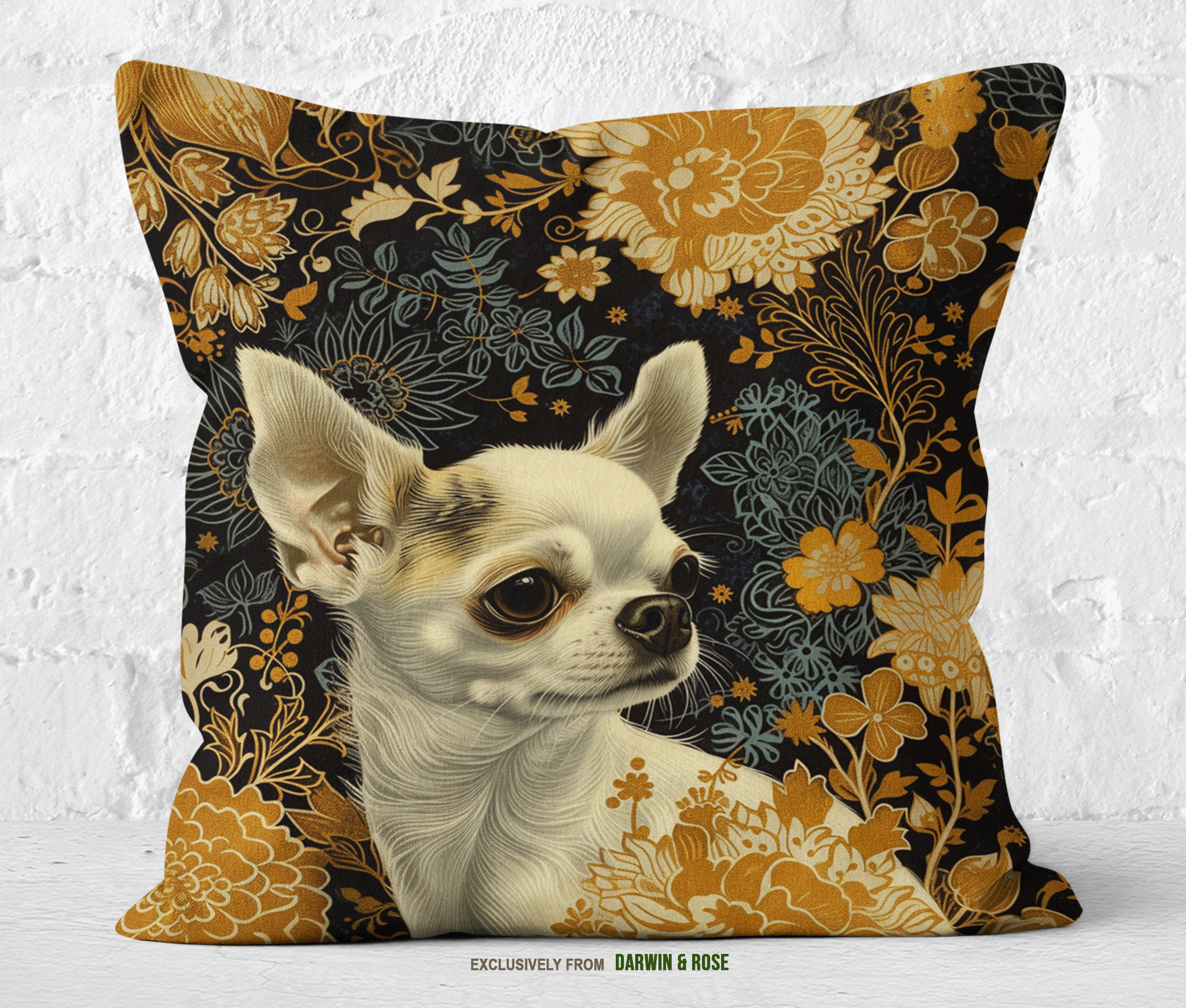 Golden Floral Chihuahua Modern Throw Pillow