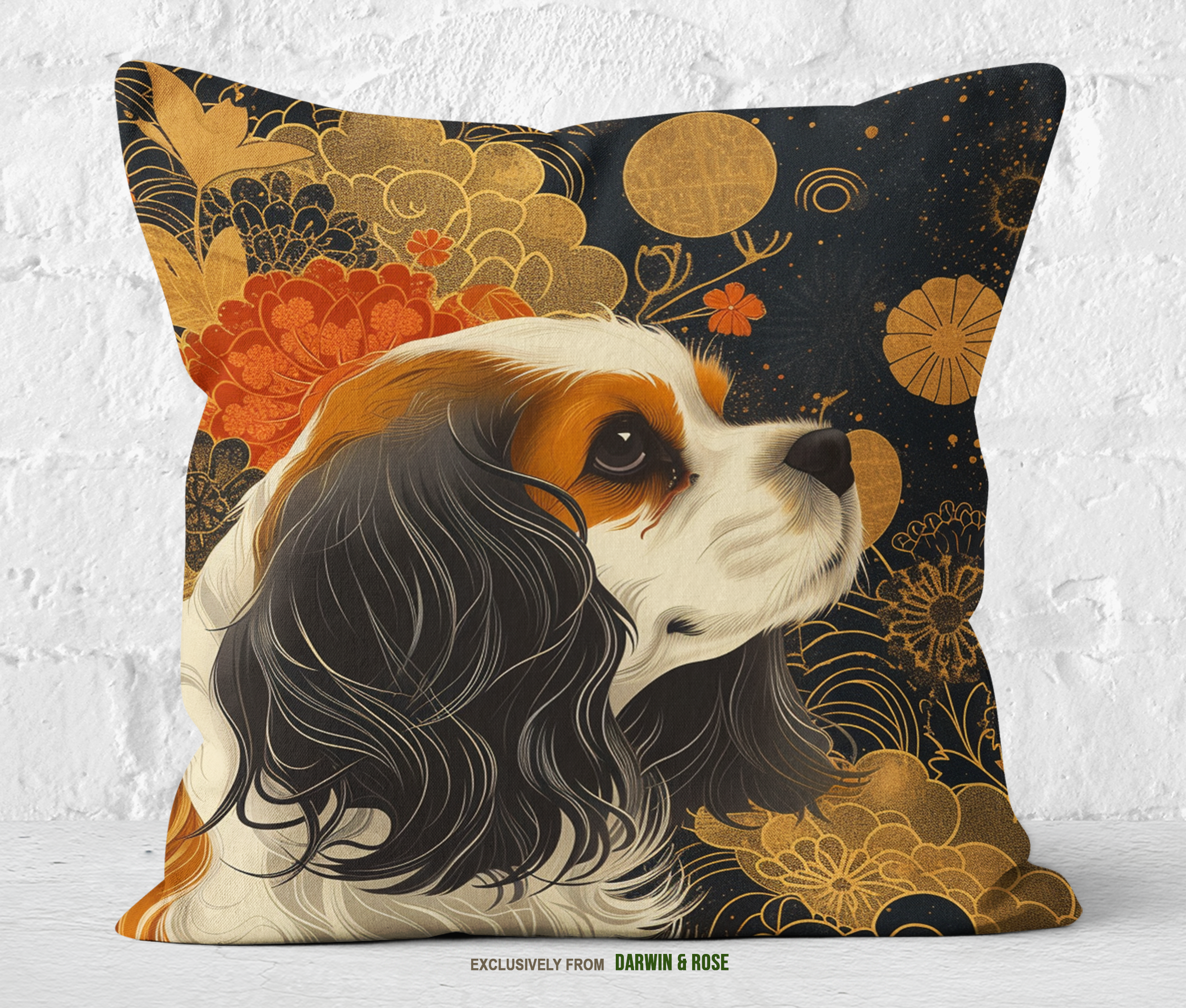 Regal Cavalier King Charles Spaniel Luxe Throw Pillow - Boho Gold & Black Design