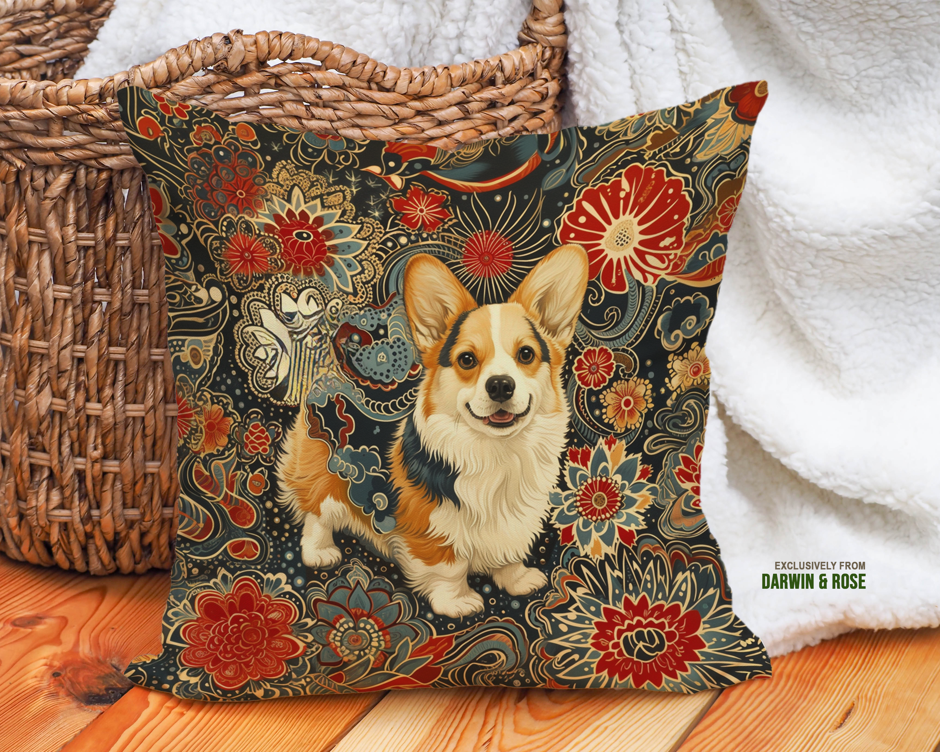 Floral Charm Pembroke Welsh Corgi Throw Pillow – Boho Chic Home Décor