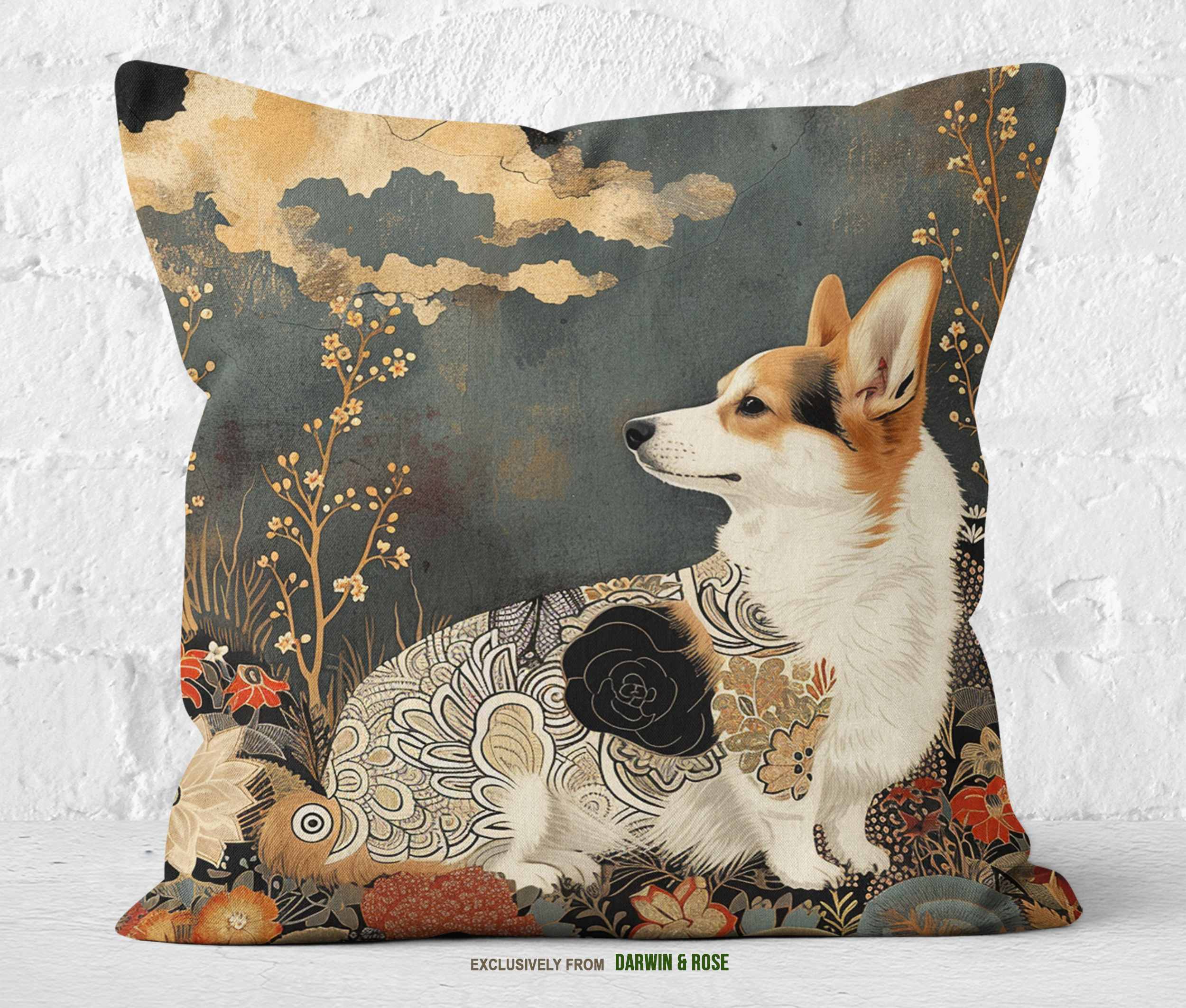 Cardigan Welsh Corgi Boho Floral Throw Pillow