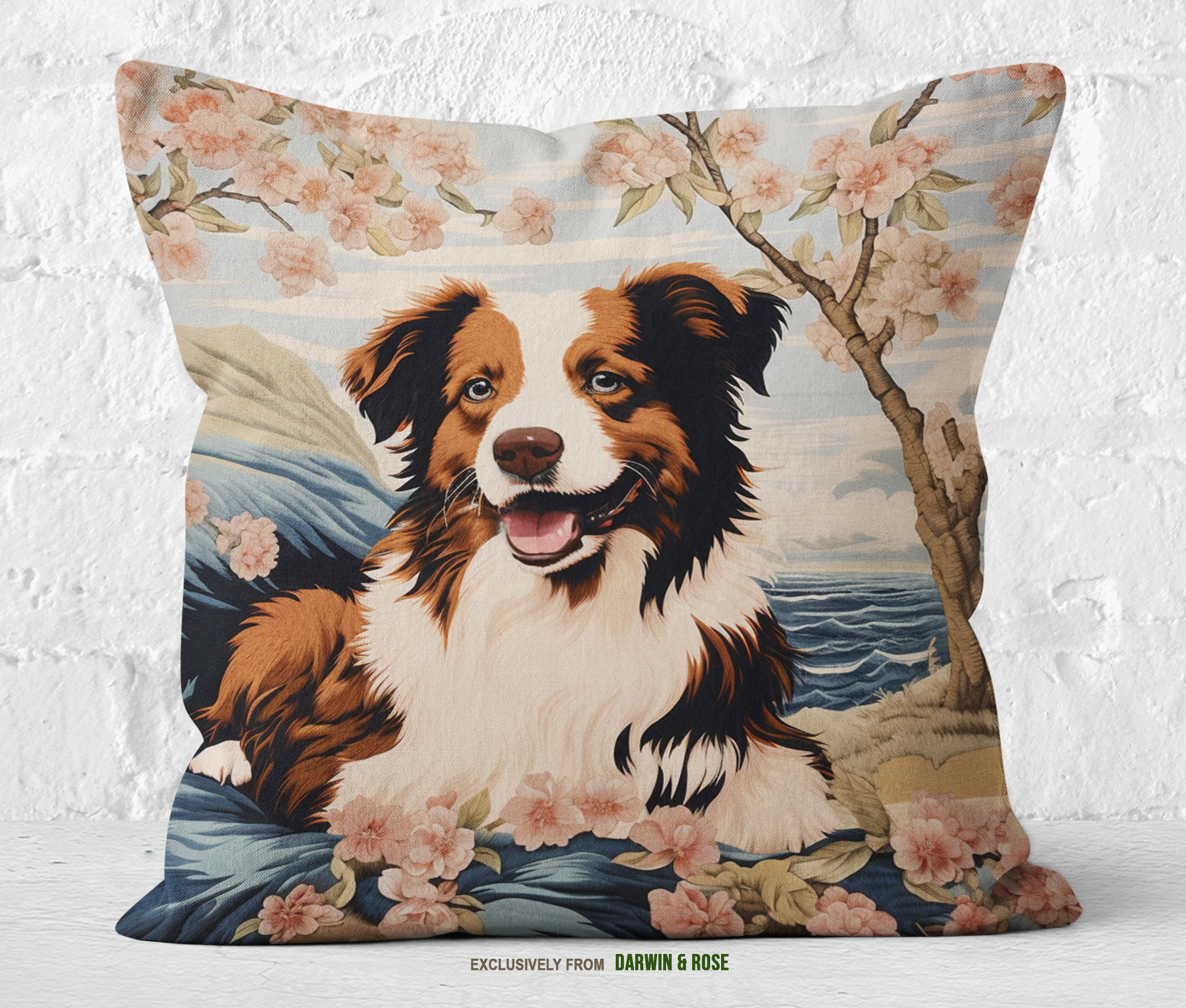Cherry Blossom Border Collie Throw Pillow – Modern Farmhouse Style