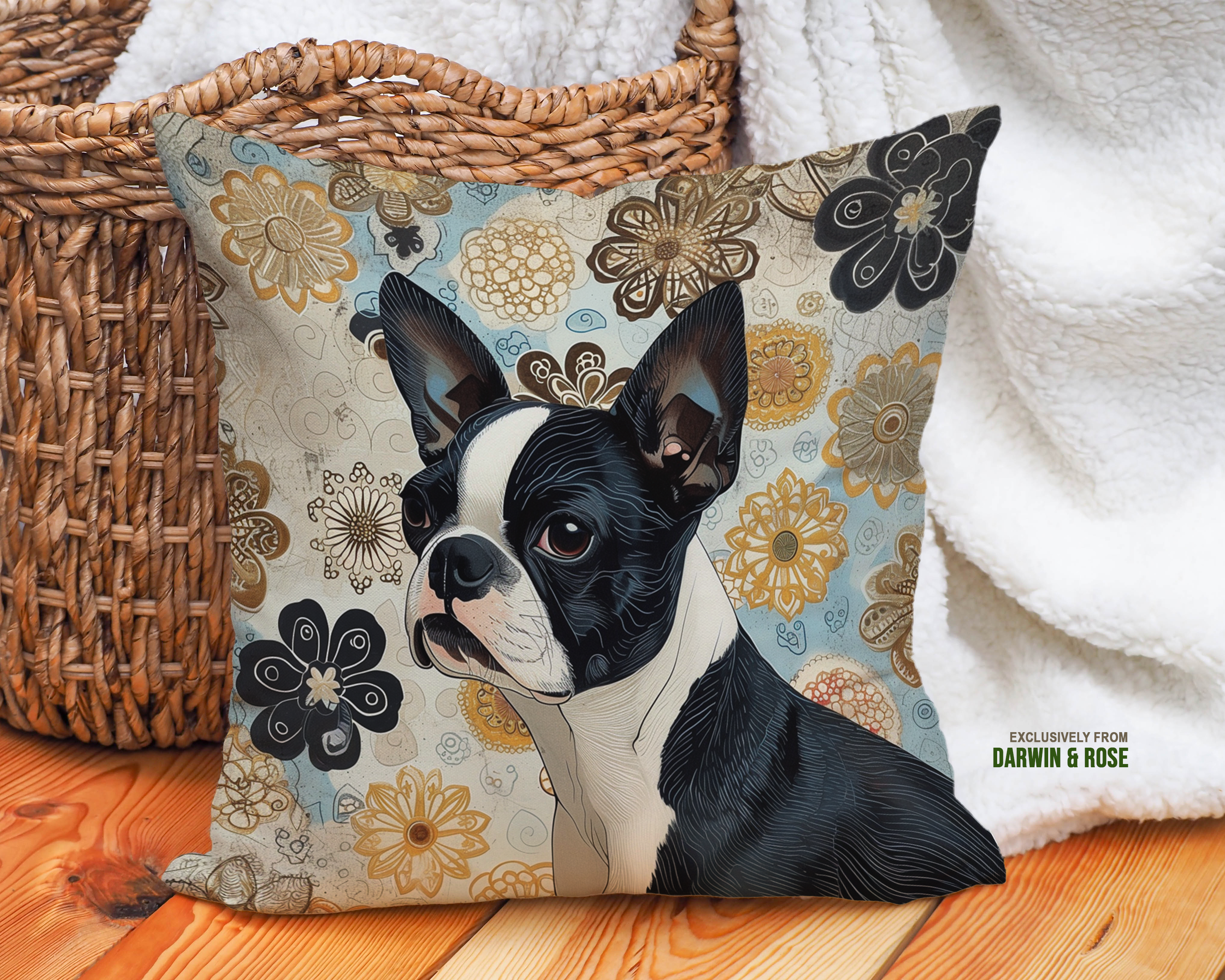 Boston Terrier Floral Bliss Throw Pillow – Modern Boho Style