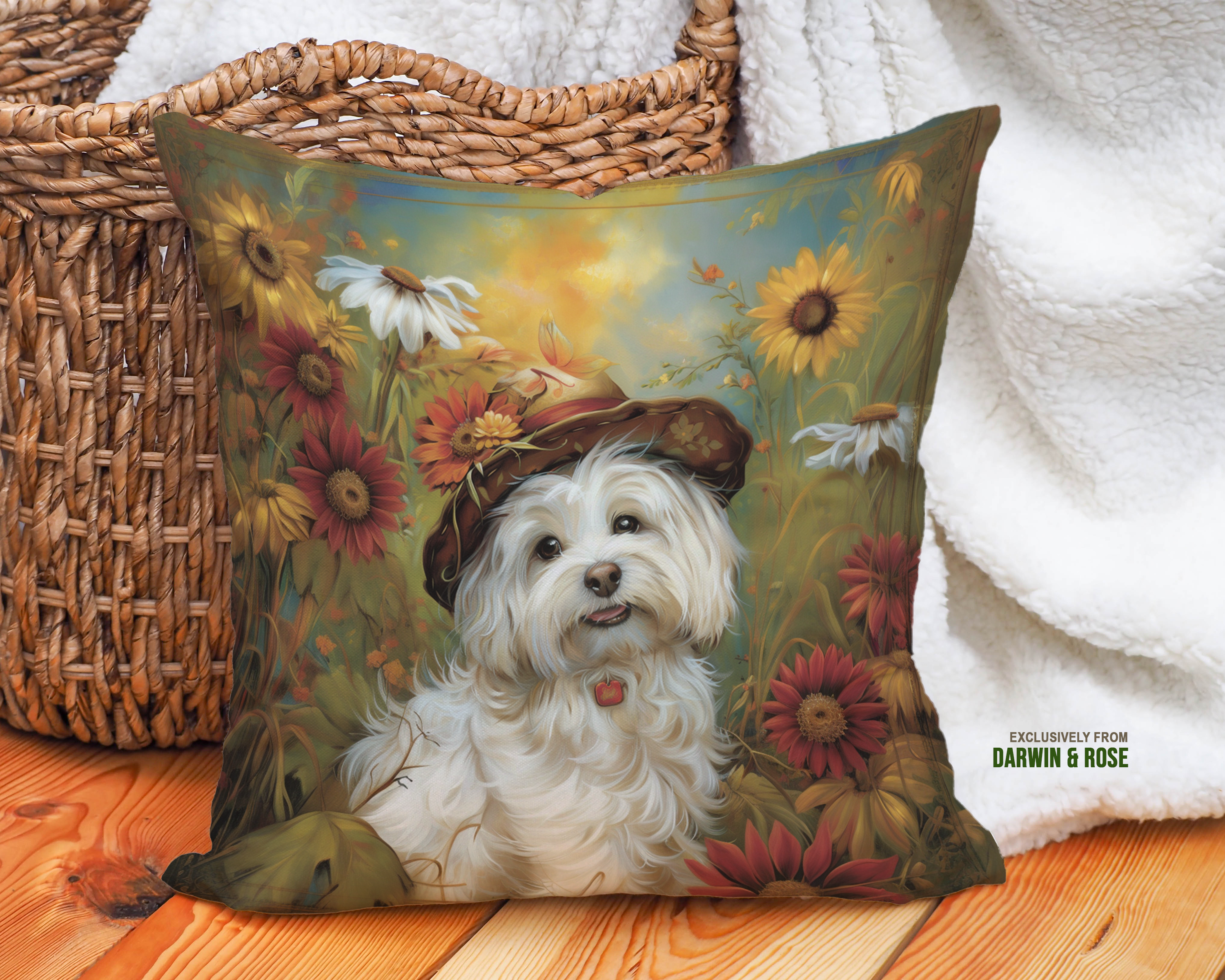 Maltese in a Country Garden – Rustic Throw Pillow