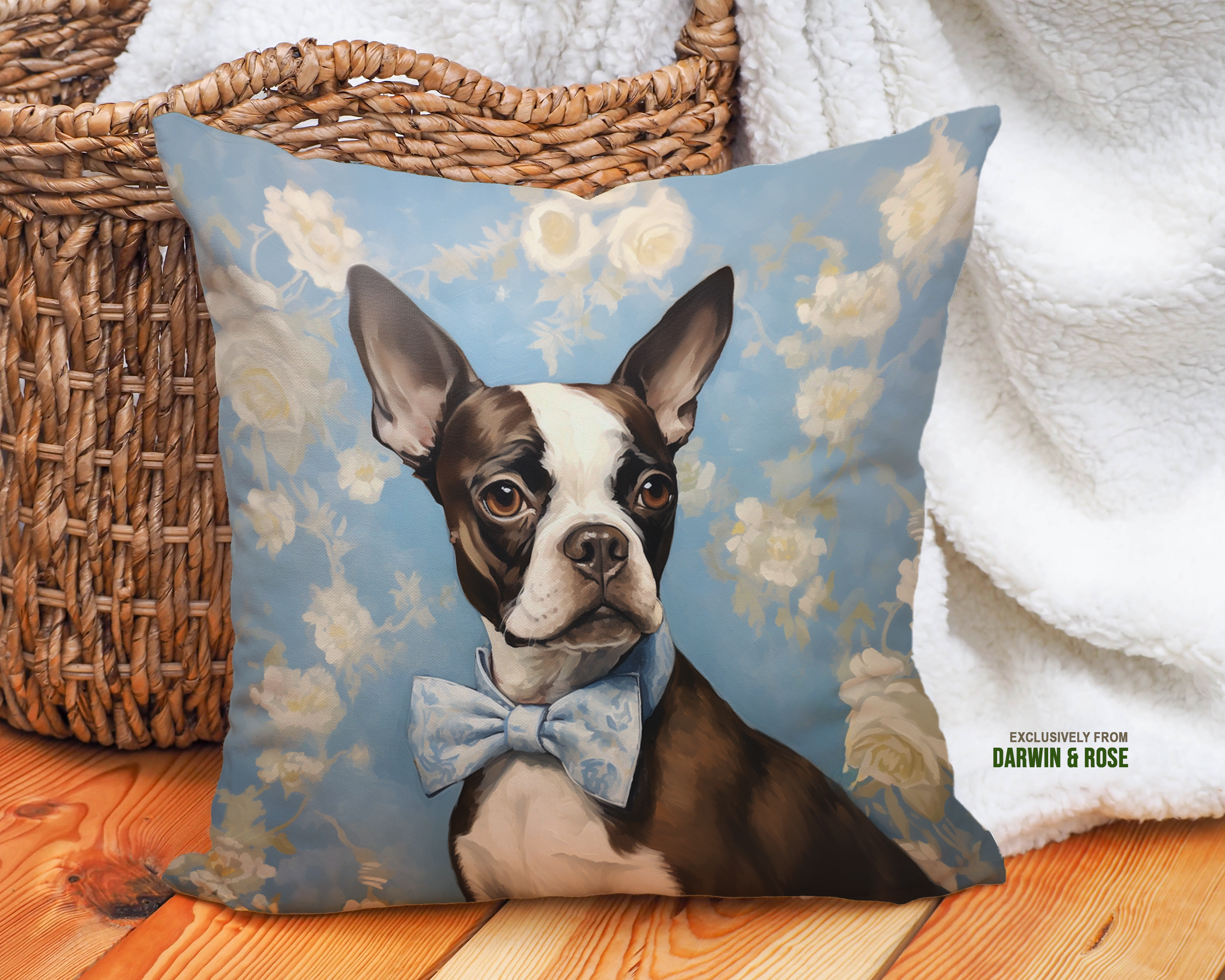 Brown Boston Terrier Throw Pillow – Vintage Floral Elegance for Dog Lovers
