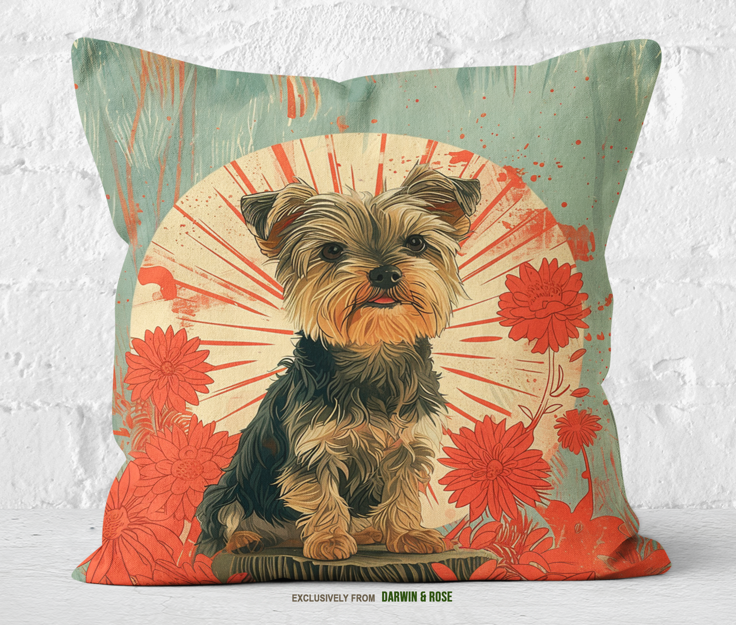 Yorkshire Terrier Boho Floral Throw Pillow – Modern Rustic Charm