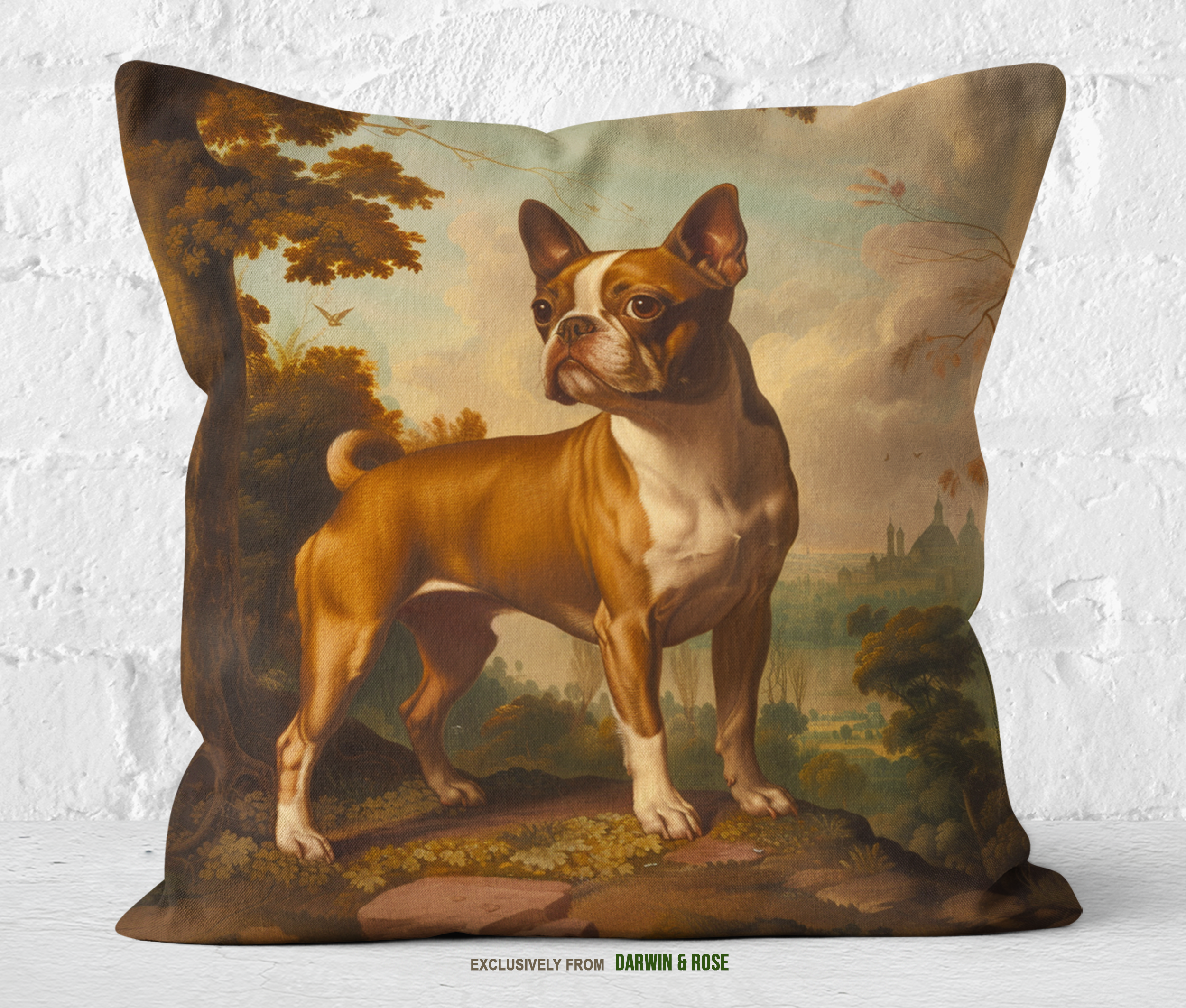 Brown Boston Terrier Vintage-Inspired Throw Pillow for Modern Farmhouse Decor