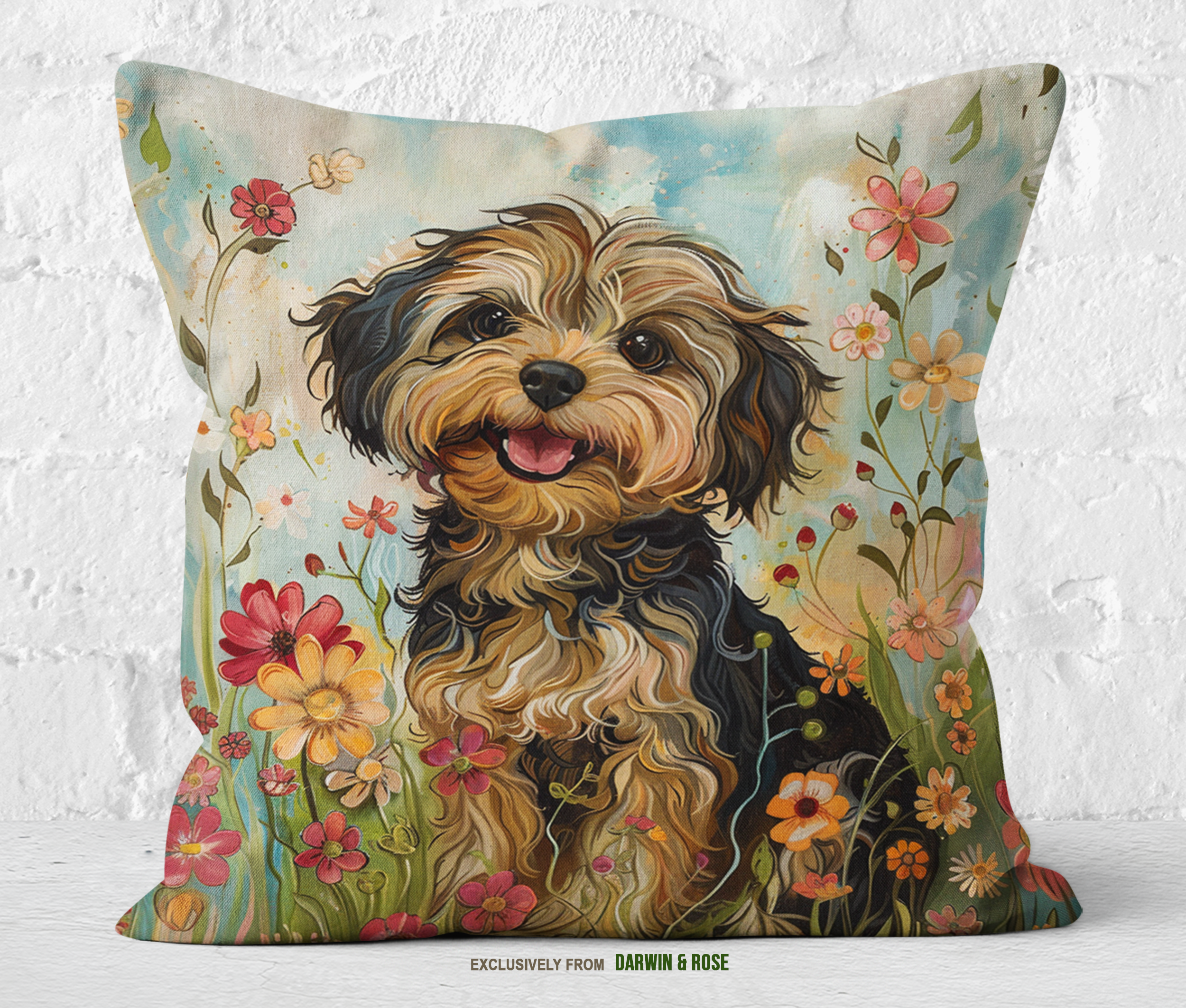 Yorkipoo Spring Blooms Throw Pillow – Boho Floral Dog Decor