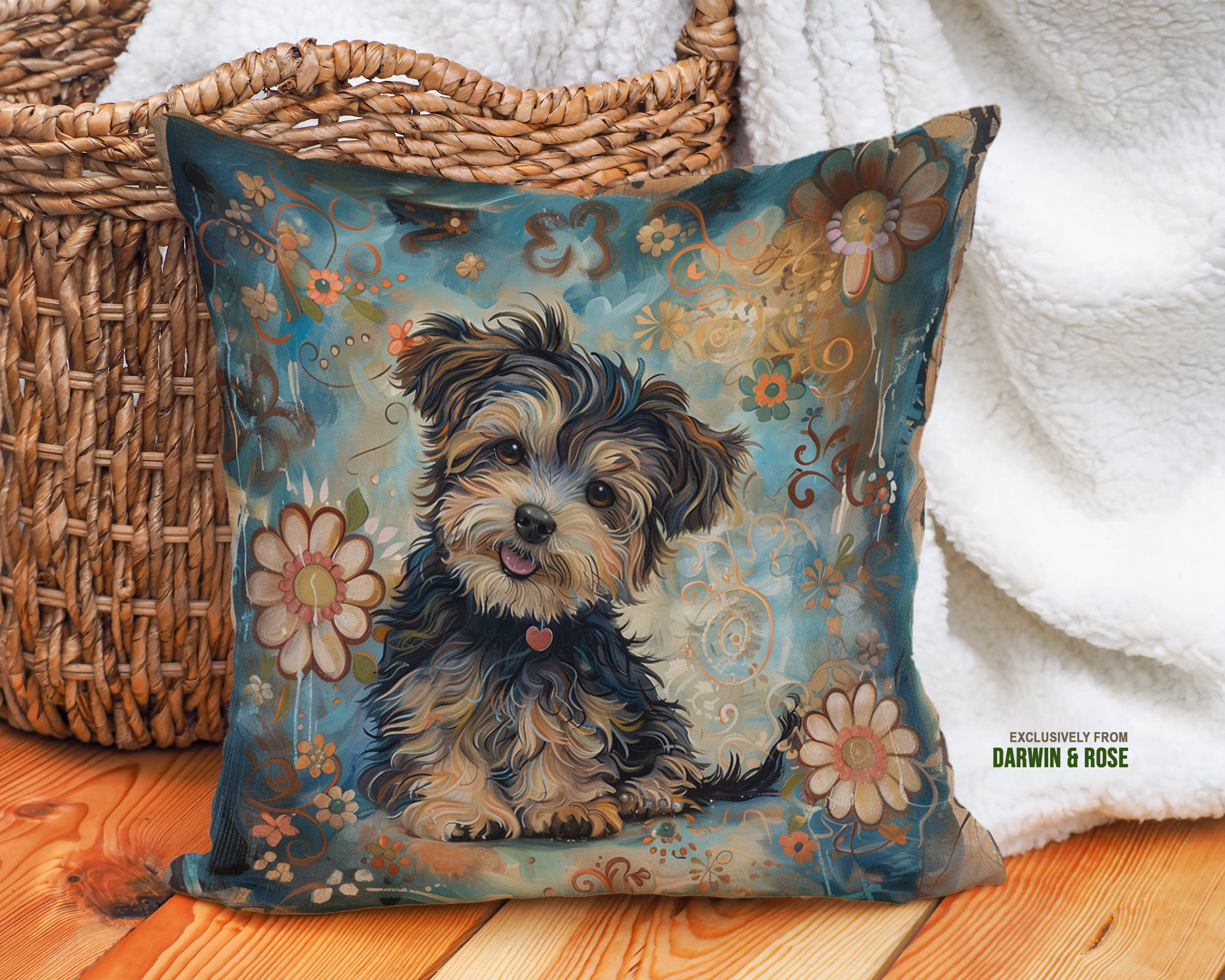 Yorkipoo Blooms Art Throw Pillow – Boho Floral Design