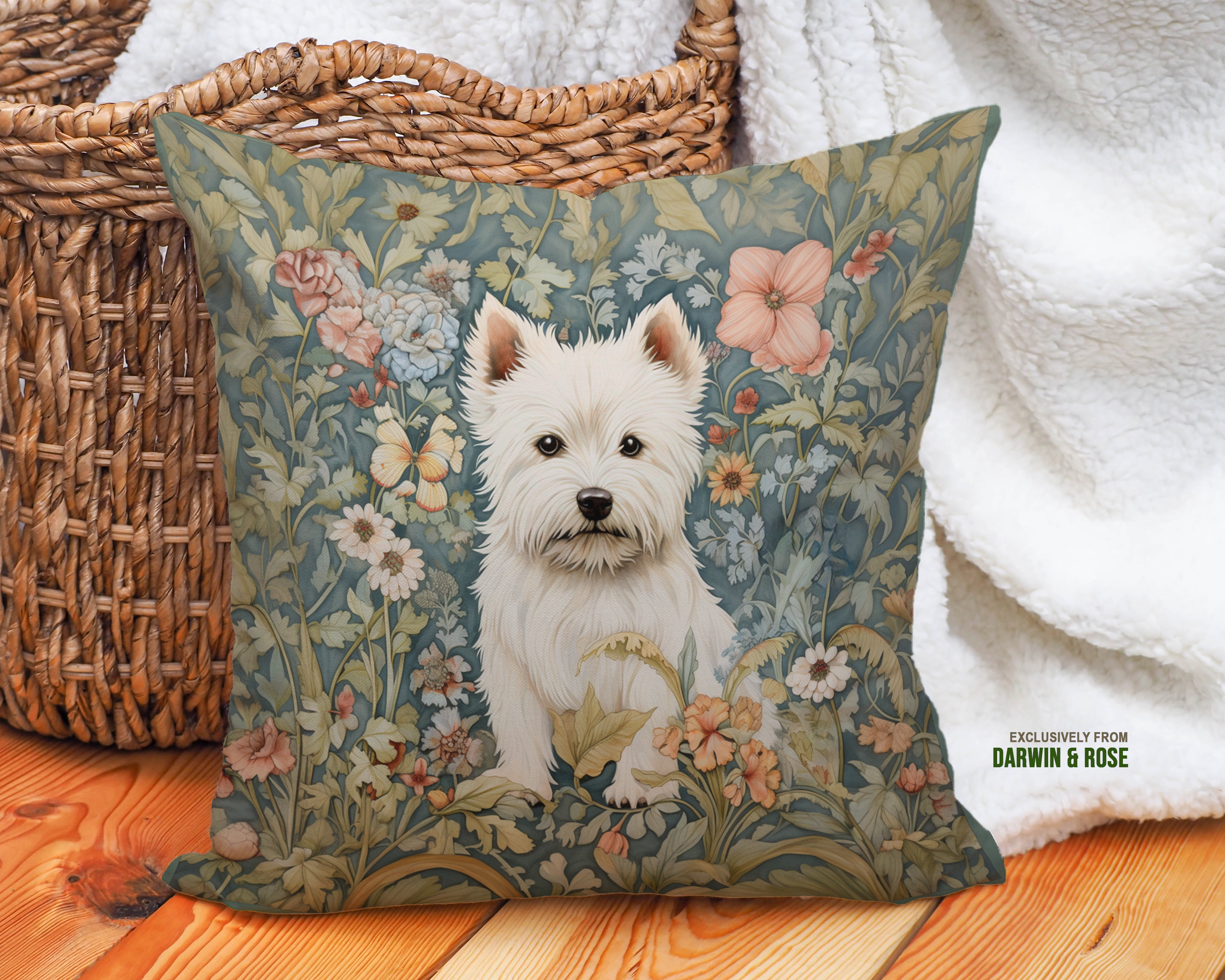 West Highland Bloom: Floral Throw Pillow Featuring a Westie
