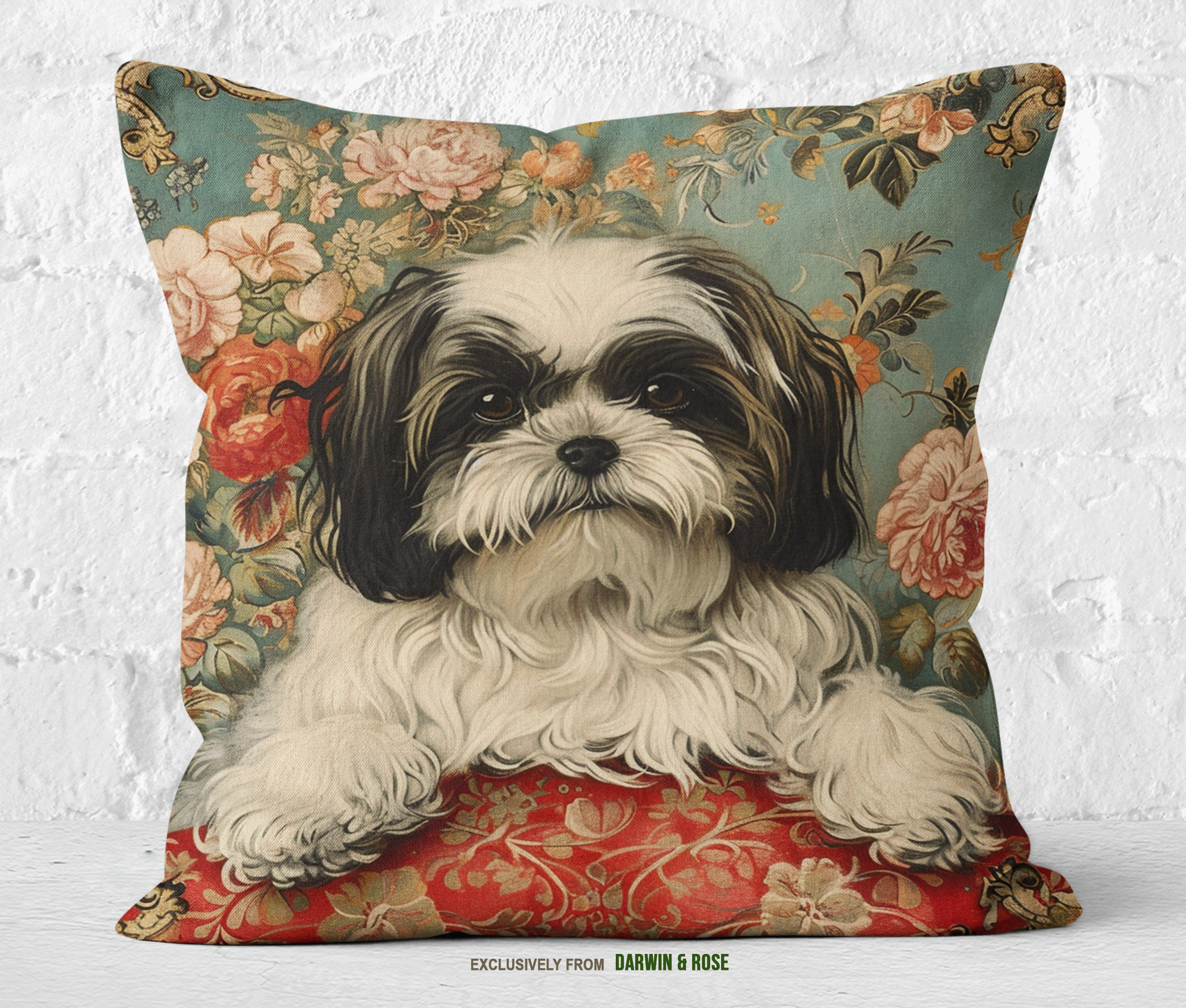 Shih Tzu Elegance Throw Pillow – Vintage Floral Style