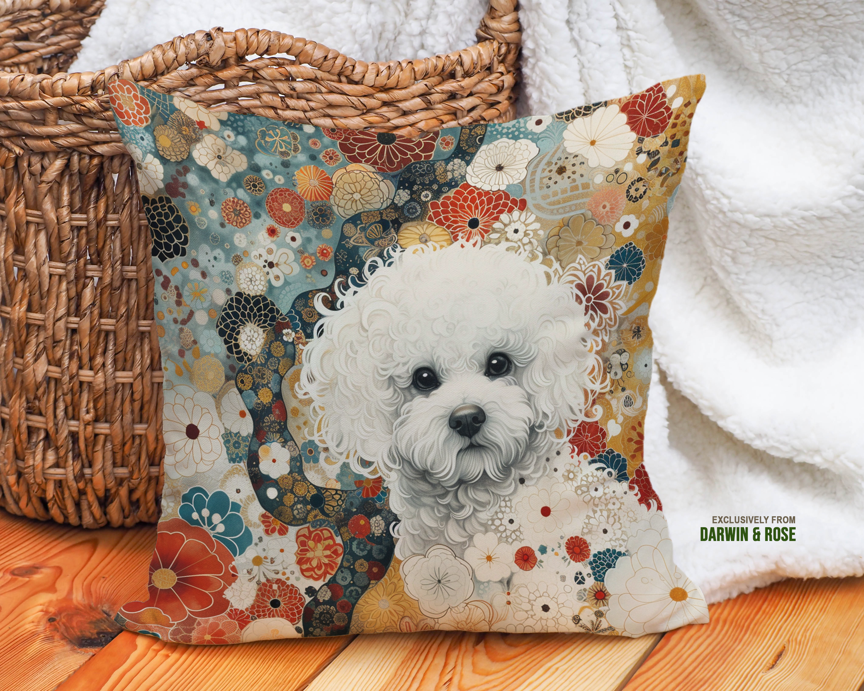 Bichon Frise Boho Bloom Throw Pillow – Vibrant Floral Design for Dog Lovers