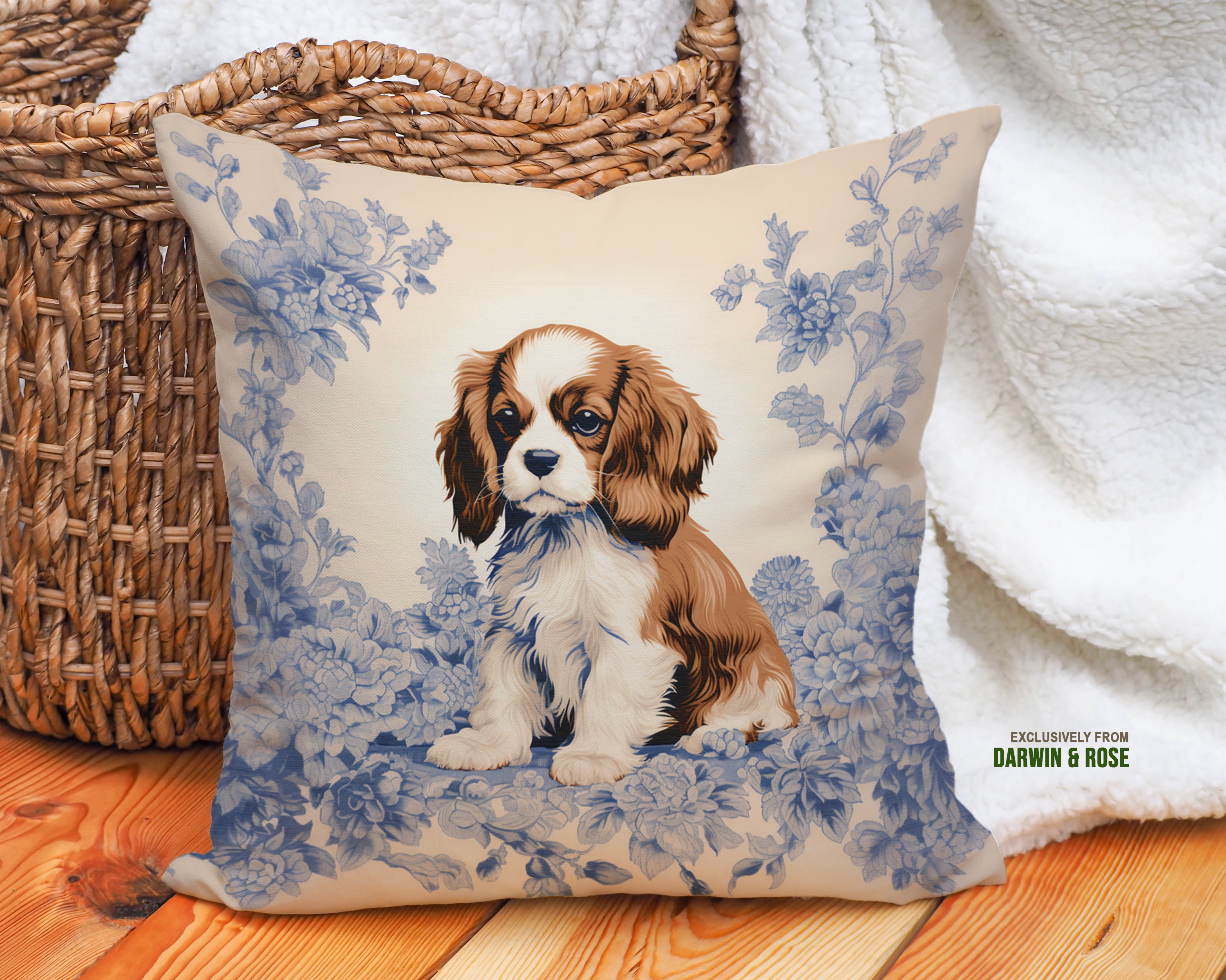 Cavalier Charm: Blue Floral Modern Throw Pillow Featuring Cavalier King Charles Spaniel