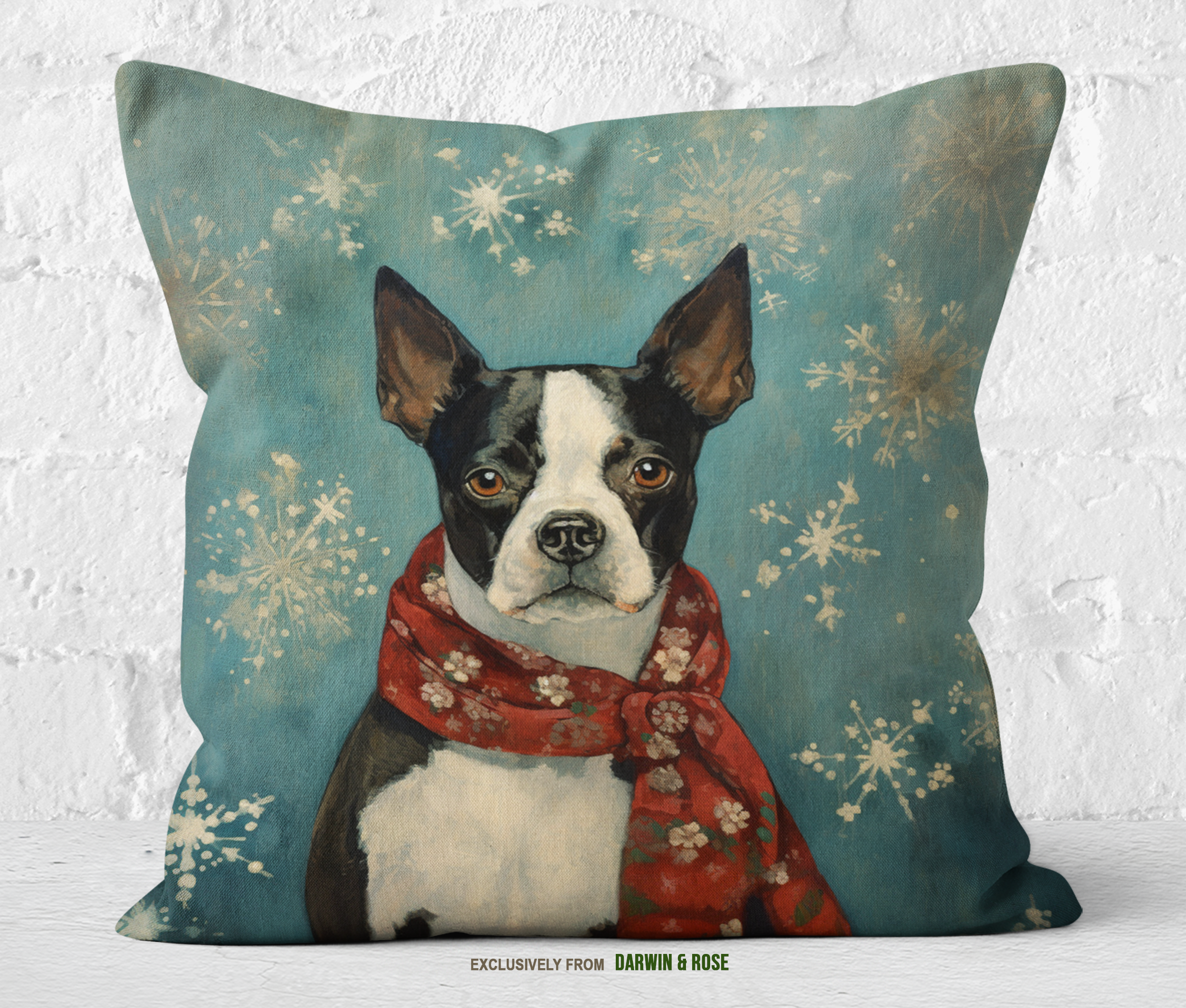 Festive Boston Terrier Snowflake Throw Pillow – Modern Holiday Décor