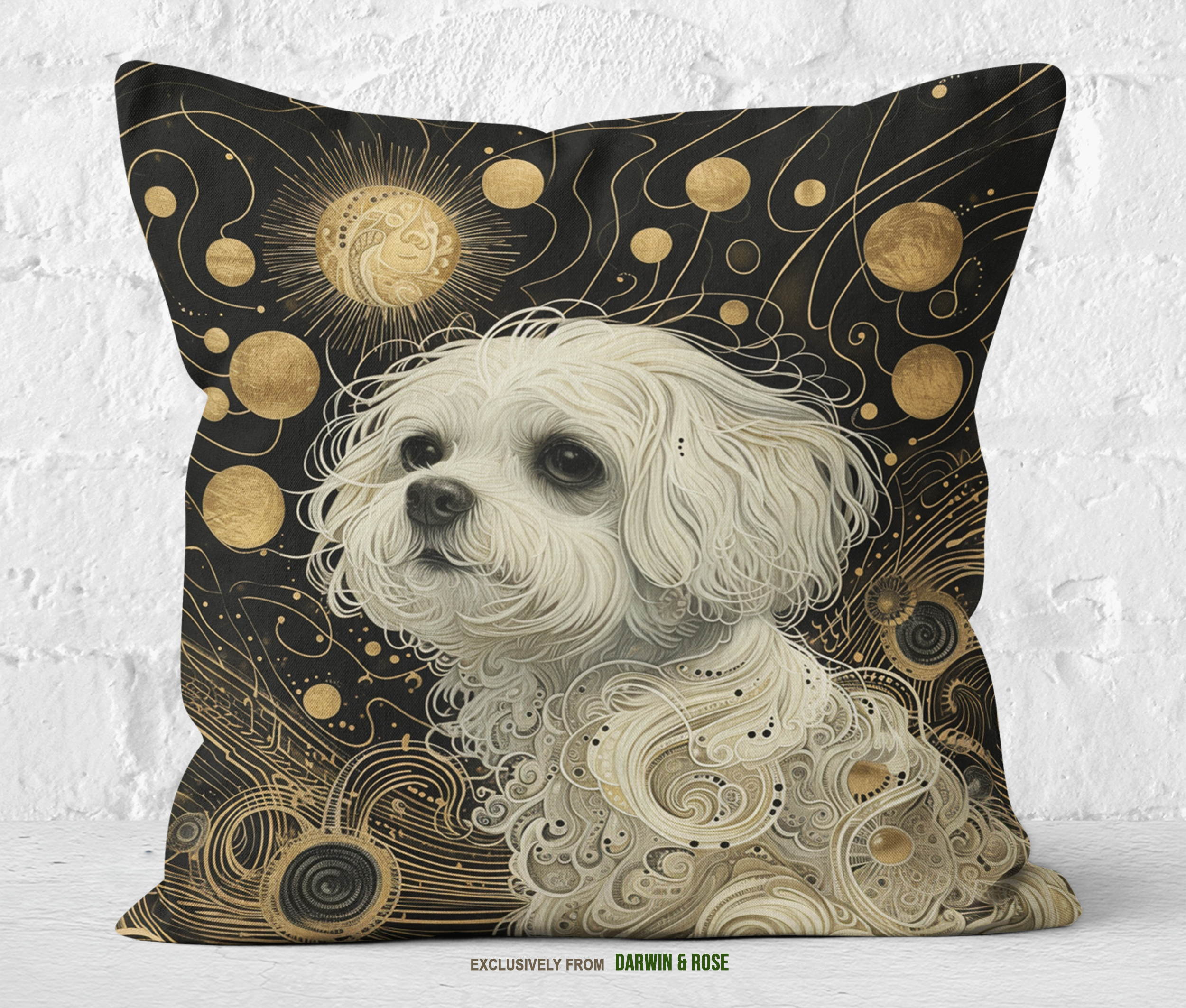 Celestial Maltese Dreams: Modern Black & Gold Throw Pillow
