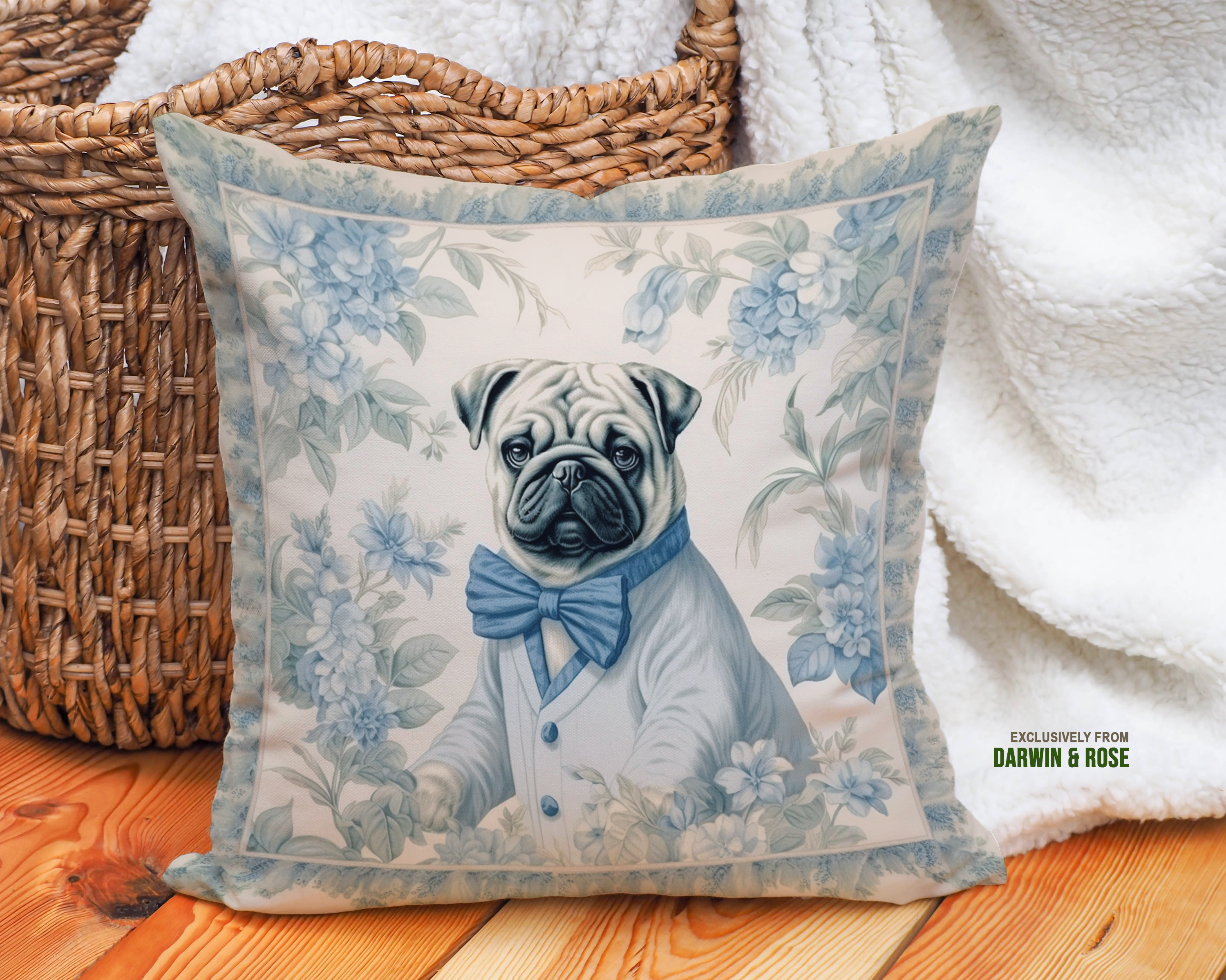 Pug Elegance in Vintage Blue - Modern Farmhouse Throw Pillow