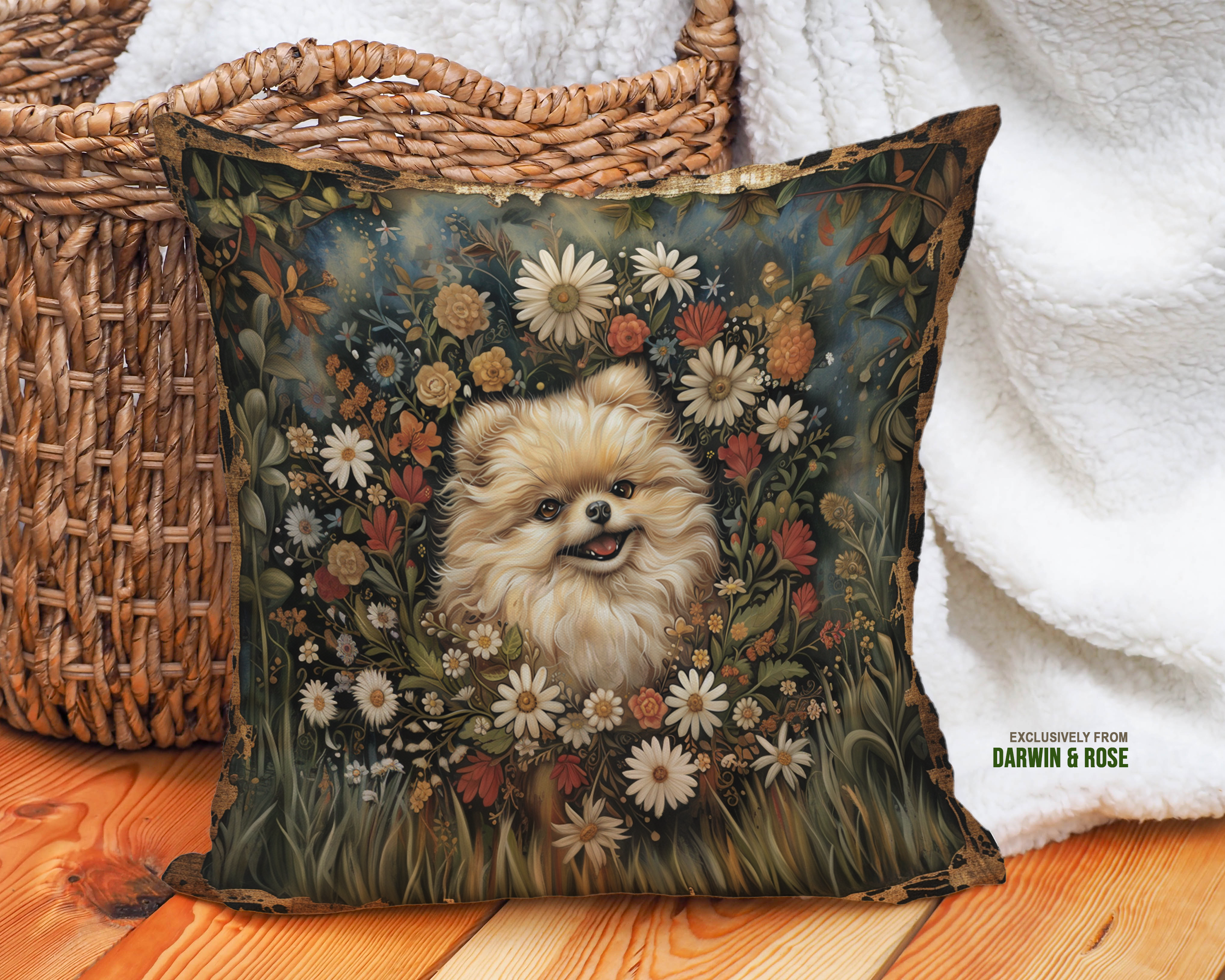 Pomeranian Floral Charm Boho Throw Pillow