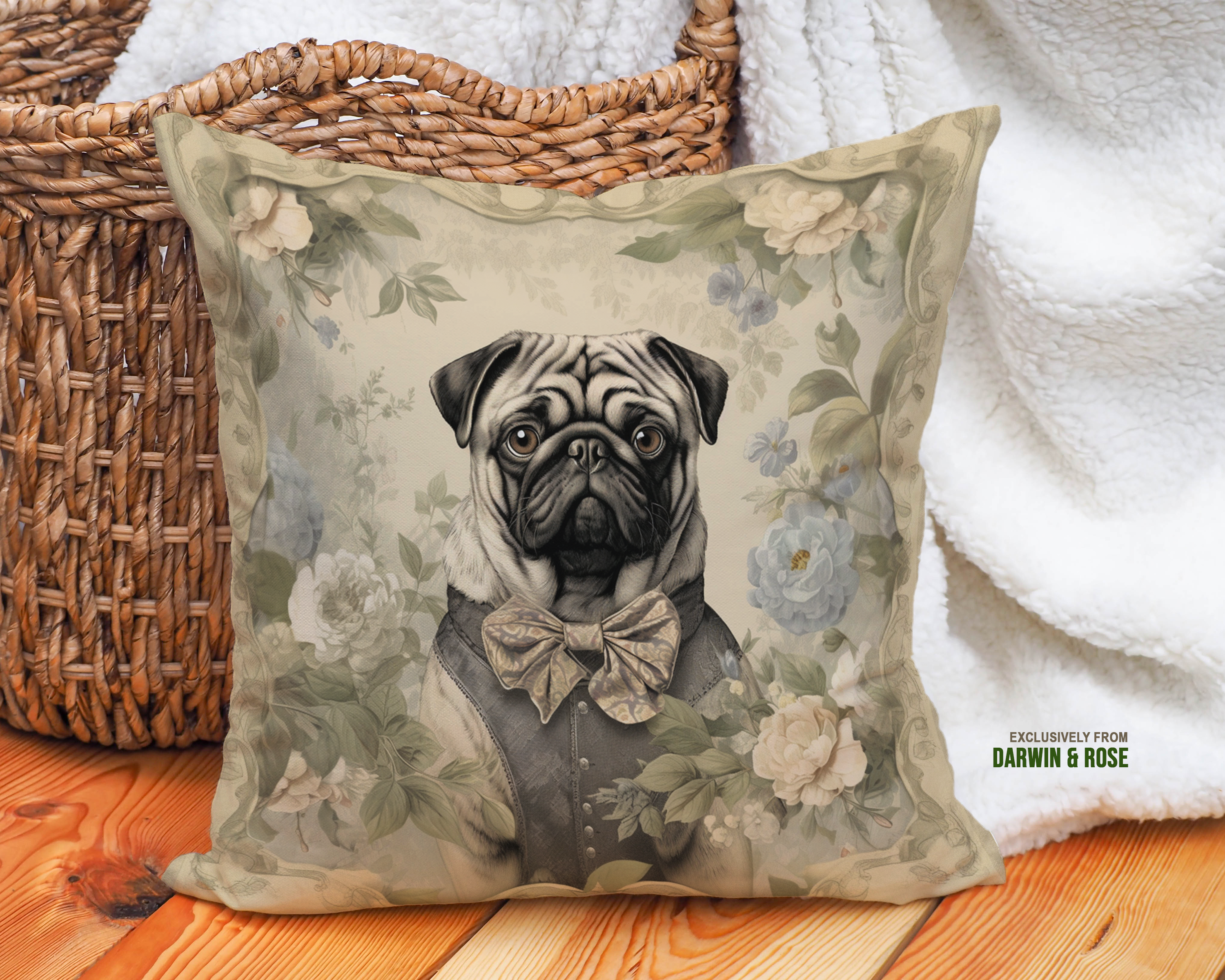Vintage Pug Elegance Throw Pillow – Victorian Charm for Dog Lovers