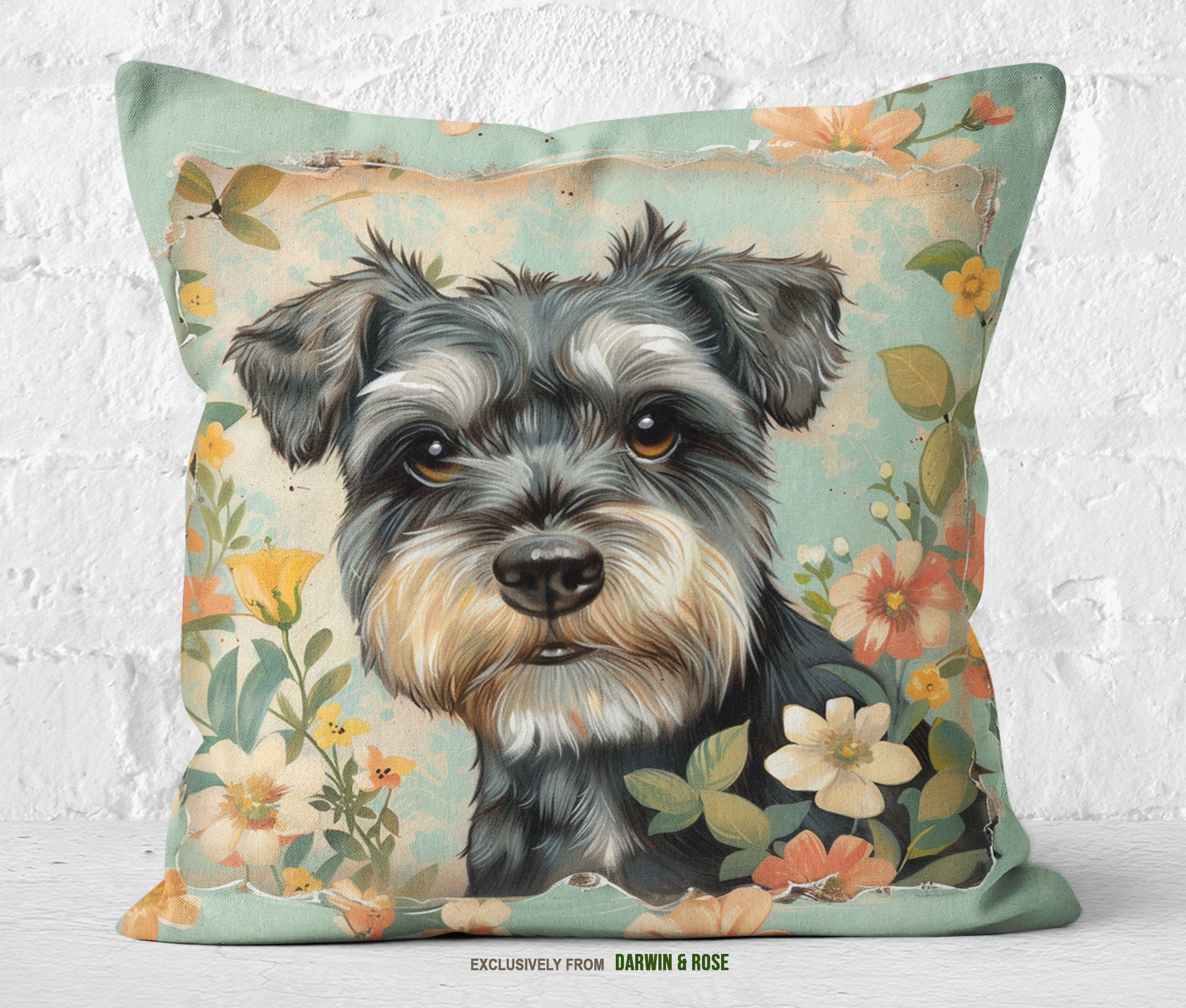 Charming Vintage Miniature Schnauzer Floral Throw Pillow