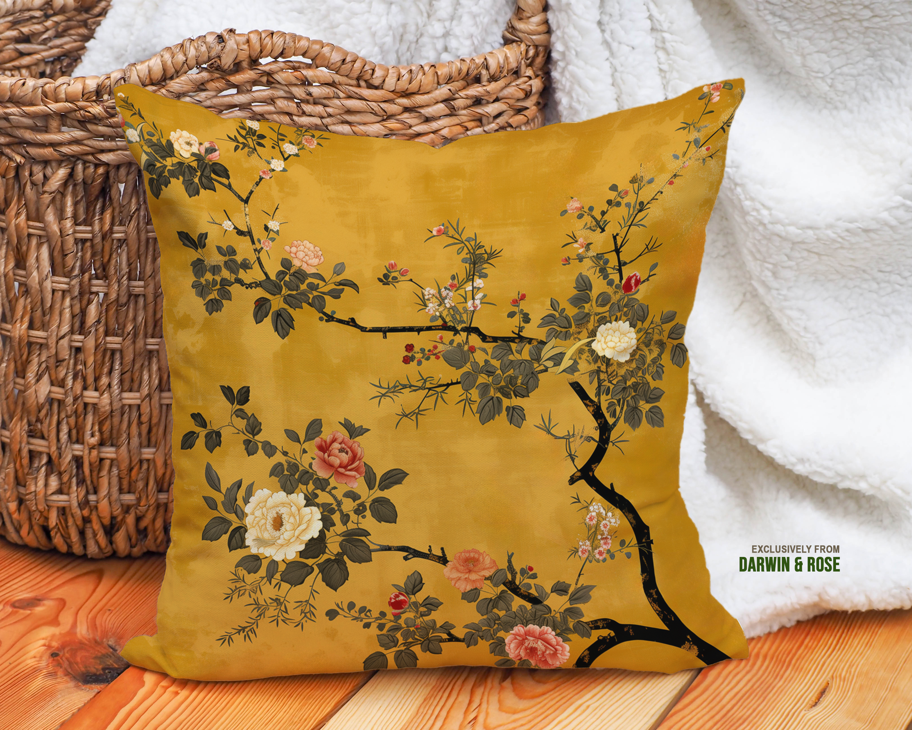 Golden Blossom Luxe Throw Pillow – Asian-Inspired Floral Design