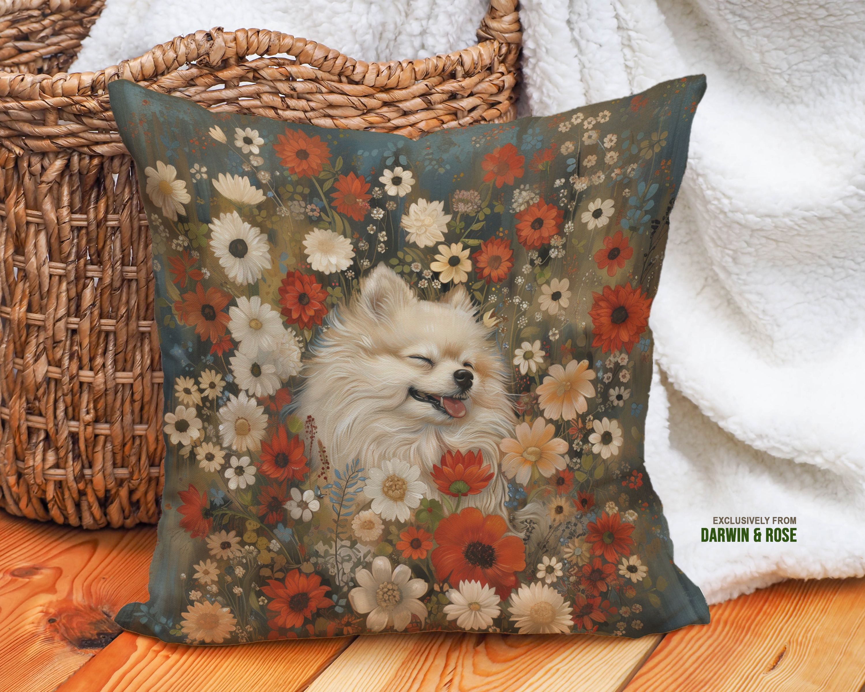 Floral Bliss Pomeranian Throw Pillow – Boho Chic Decor for Dog Lovers