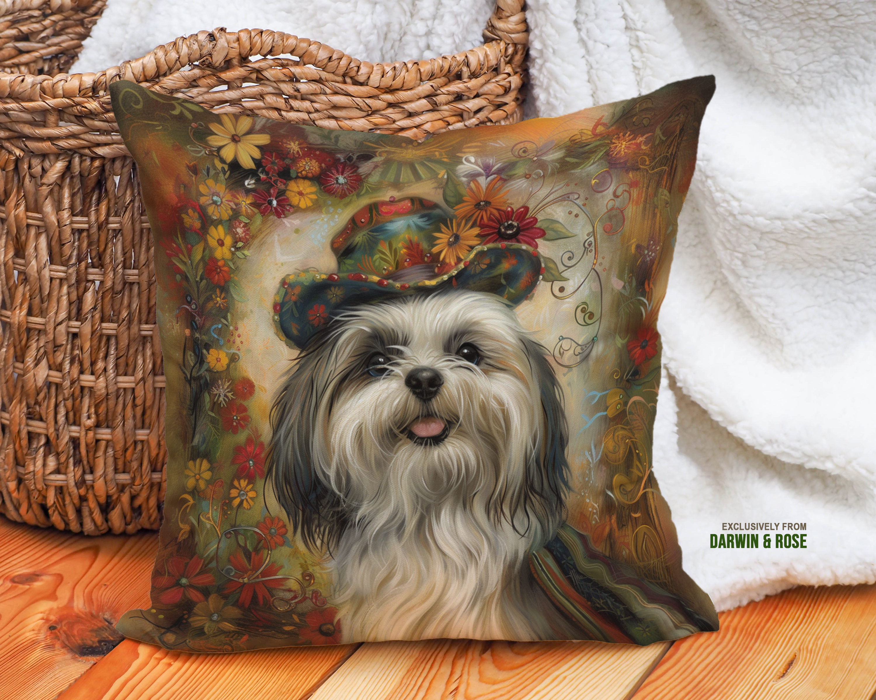 Whimsical Boho Shih Tzu Throw Pillow – Colorful Floral Décor