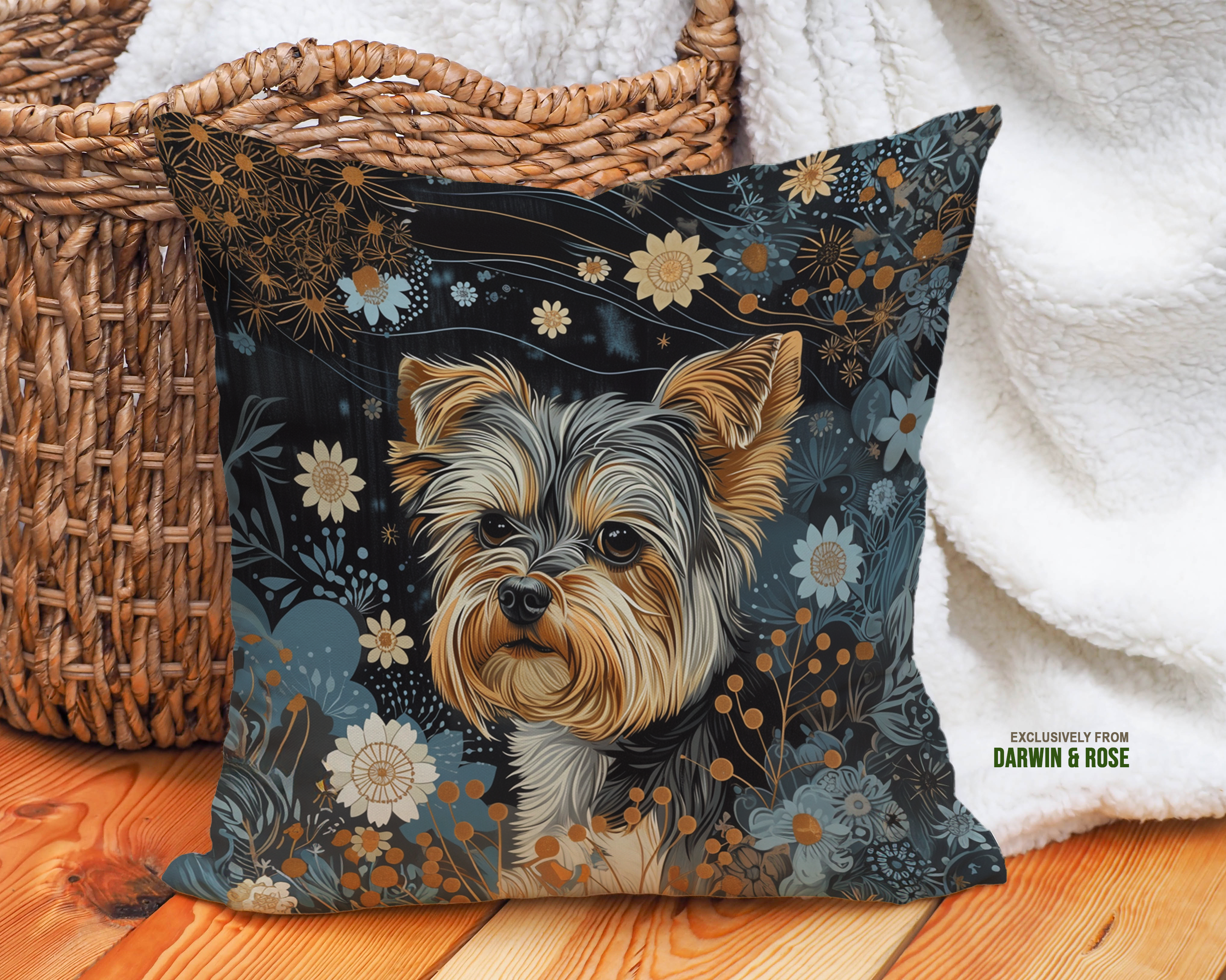 Yorkshire Terrier Boho Floral Throw Pillow – Modern Dog Lover Decor