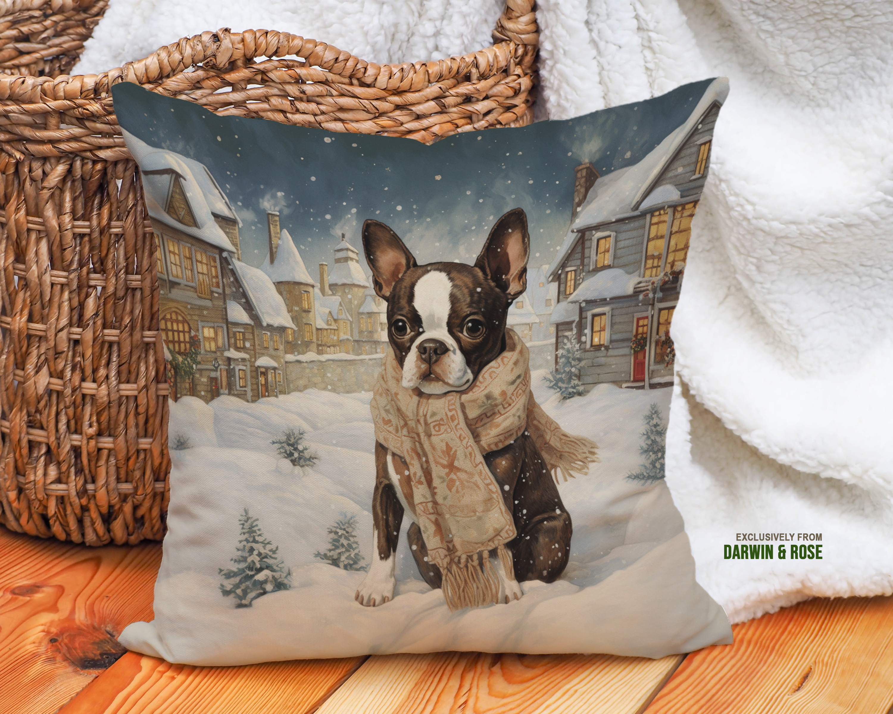 Boston Terrier Winter Village Throw Pillow