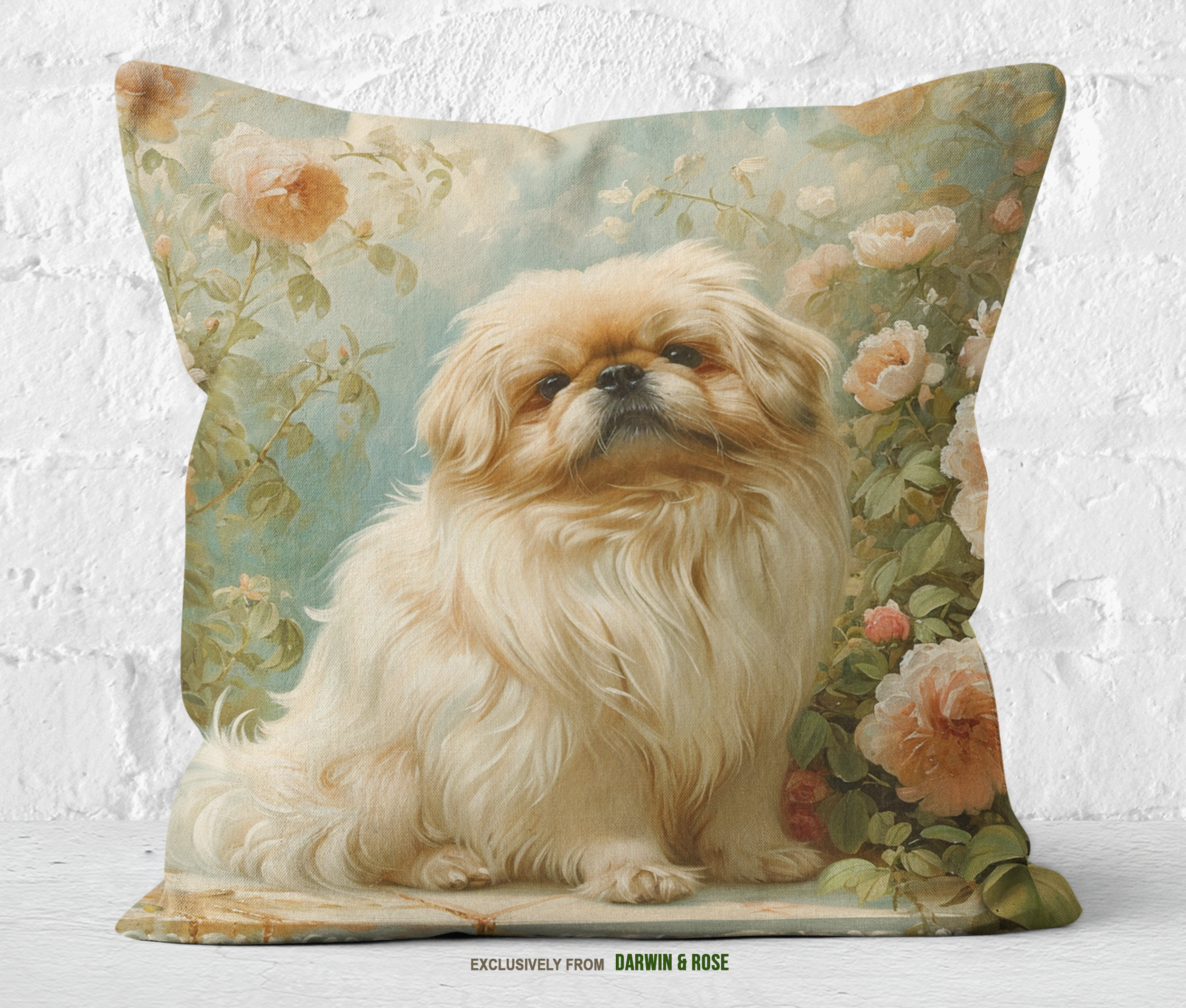 Pekingese Elegance Floral Throw Pillow – Vintage Garden Style