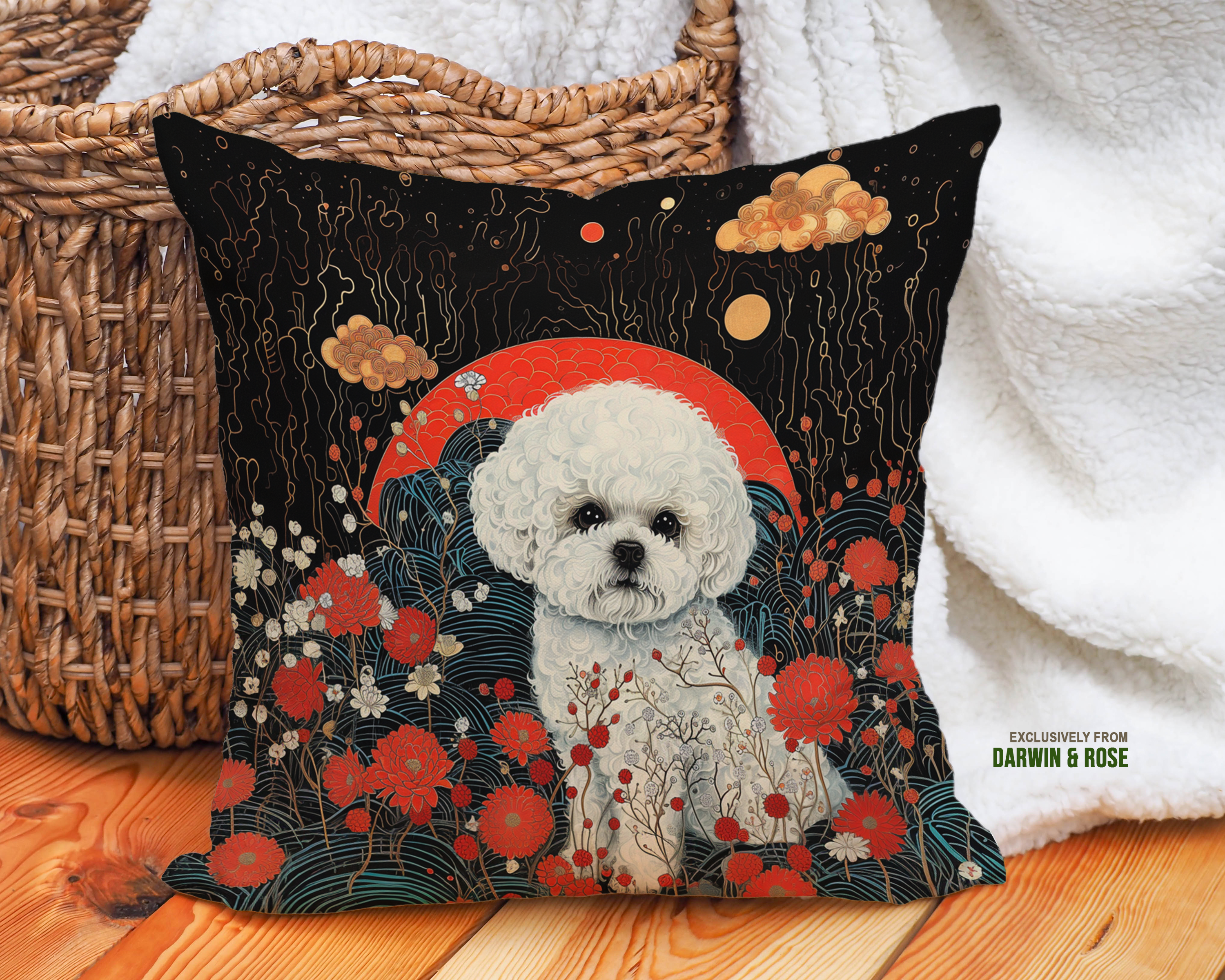 Bichon Frise Moonlit Floral Throw Pillow – Modern Japanese-Inspired Design