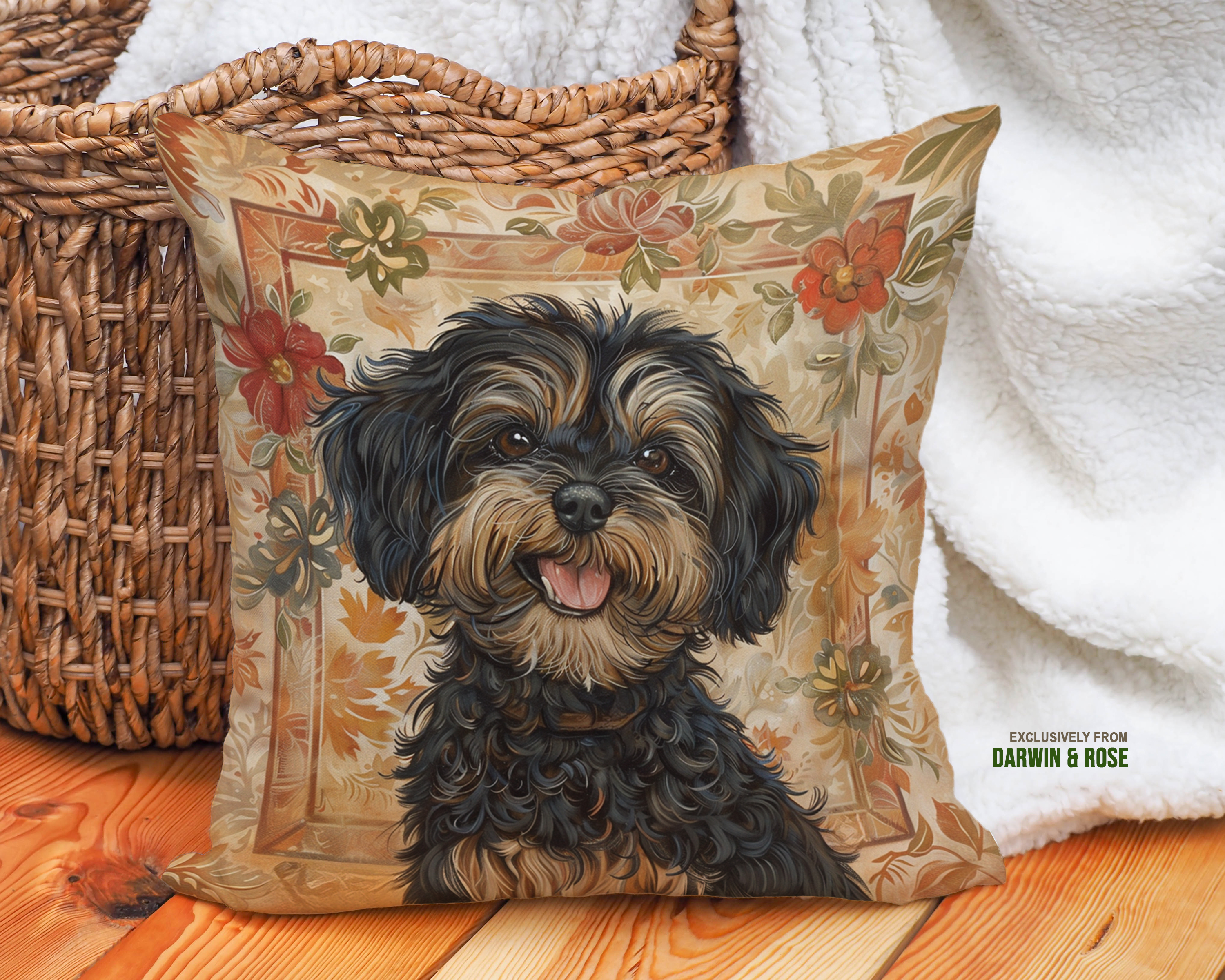 Yorkipoo Autumn Bloom Decorative Throw Pillow