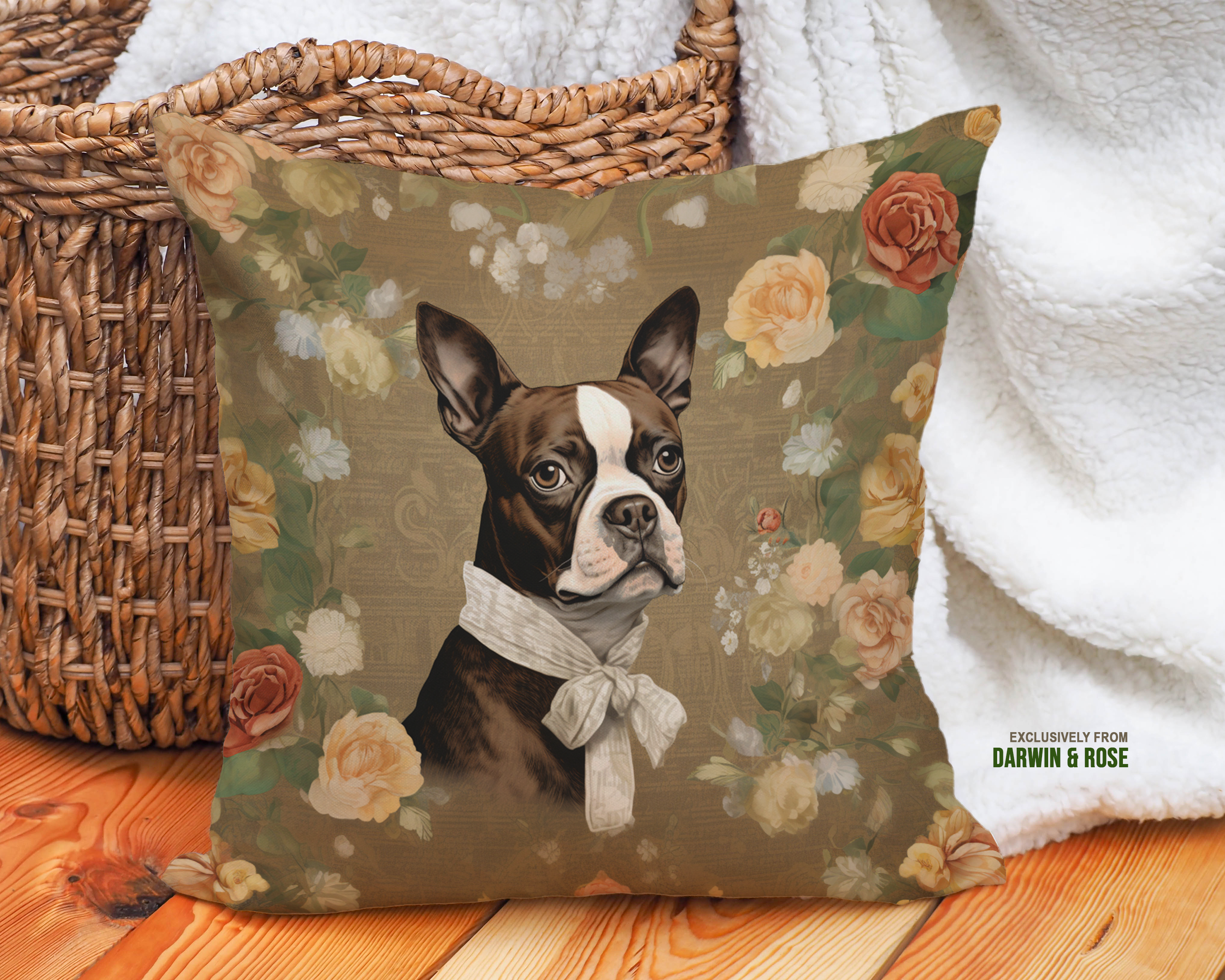 Boston Terrier Vintage Floral Throw Pillow - Modern Farmhouse Charm