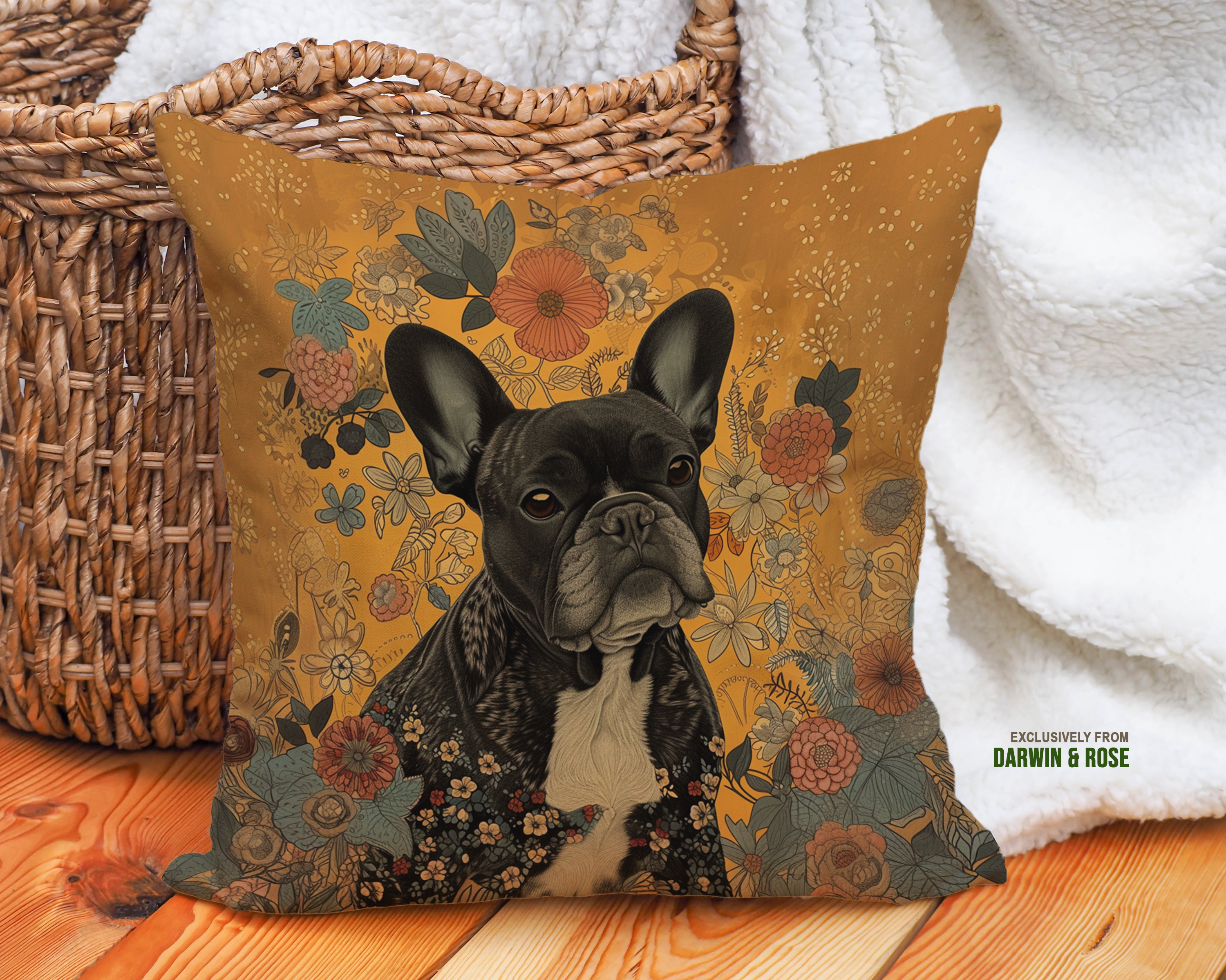 Floral French Bulldog Accent Pillow – Boho Chic Dog Lover Décor