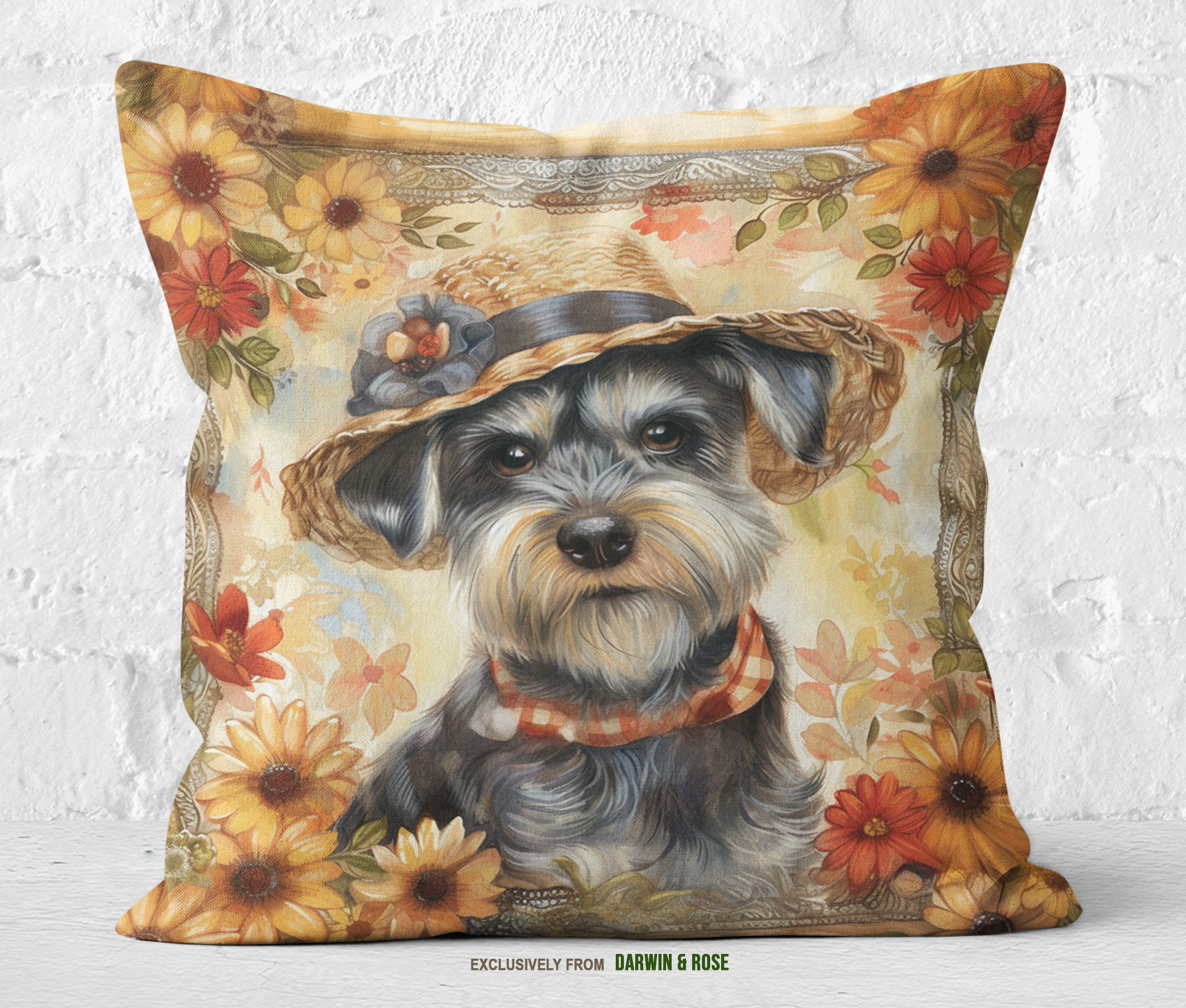 Schnauzer Autumn Blooms Decorative Throw Pillow