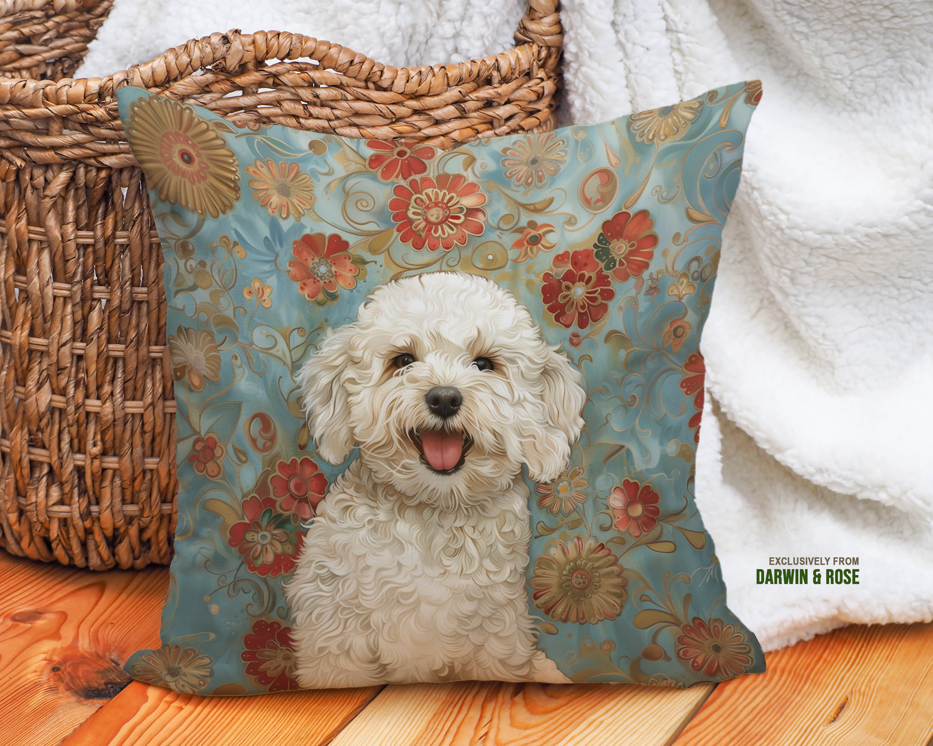Bichon Frise Floral Bliss Throw Pillow - Boho Chic Dog Lover Decor