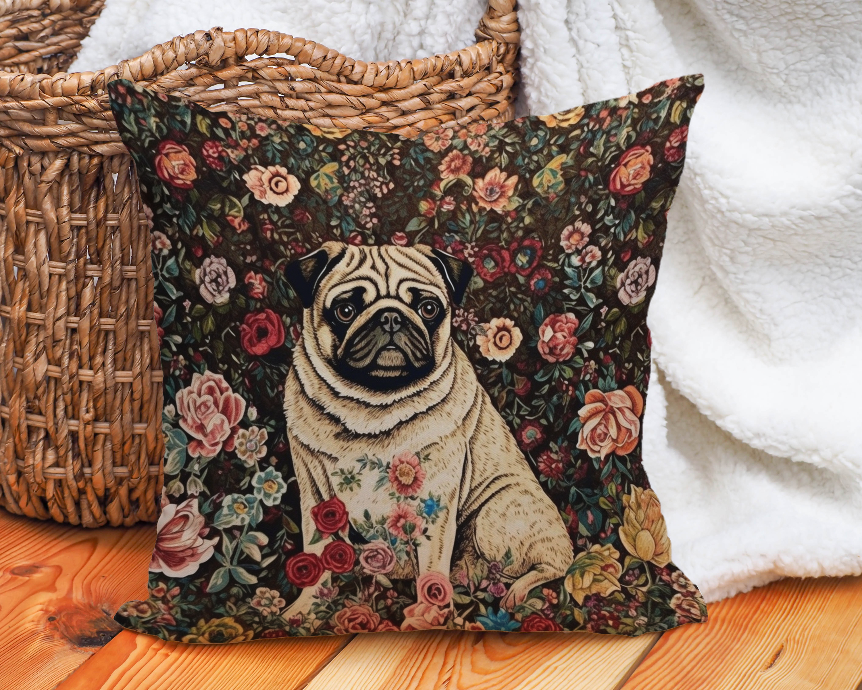 The Garden Pug Throw Pillow | William Morris-Inspired Floral Art - Darwin & Rose