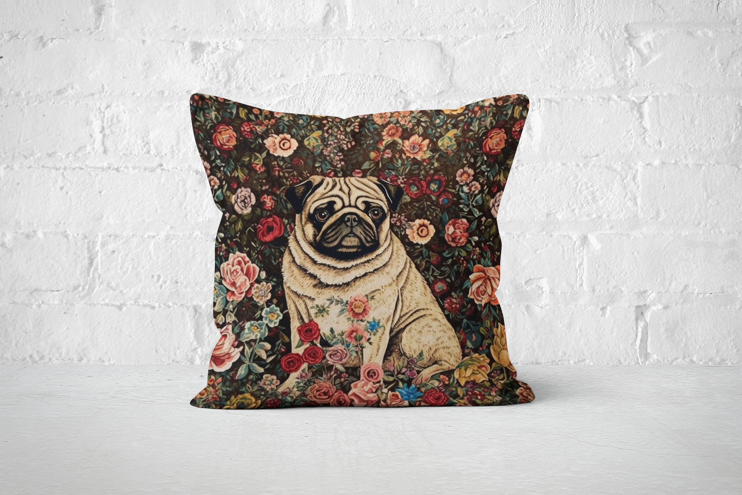 The Garden Pug Throw Pillow | William Morris-Inspired Floral Art - Darwin & Rose