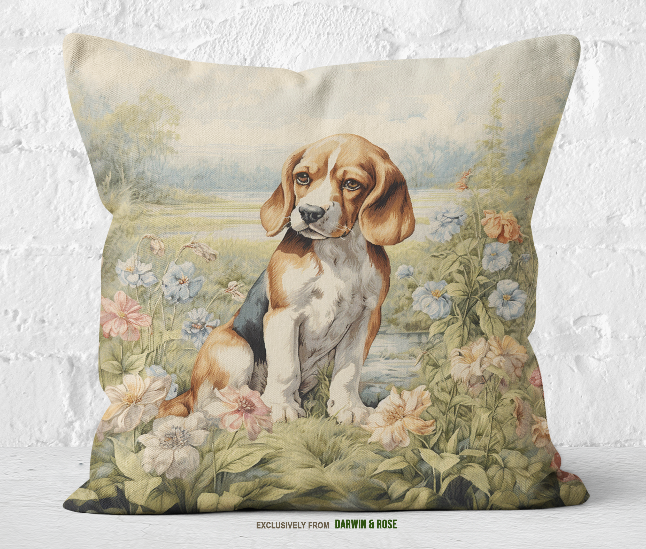 Beagle Serenity in Bloom – Vintage Cottage Throw Pillow