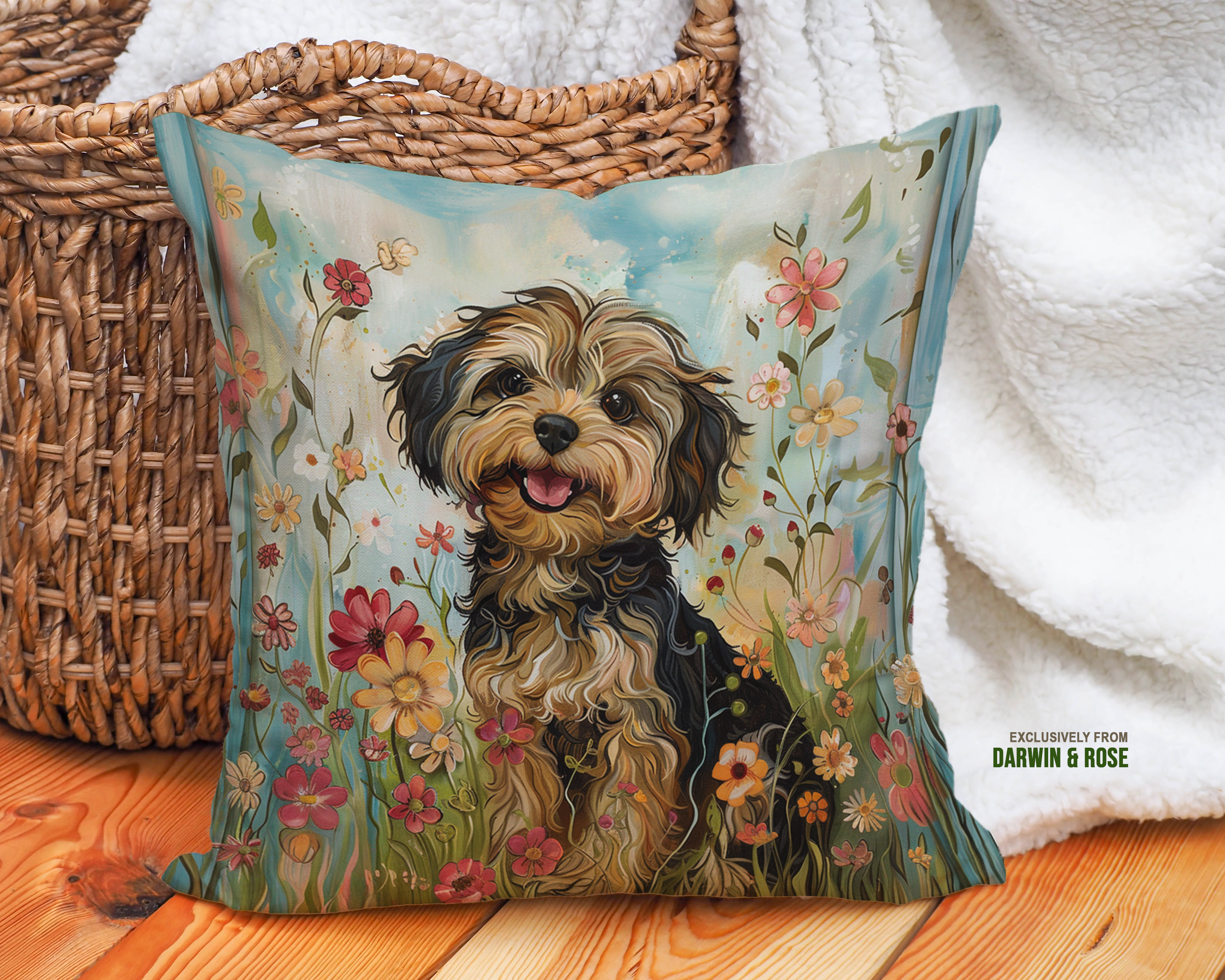 Yorkipoo Spring Blooms Throw Pillow – Boho Floral Dog Decor