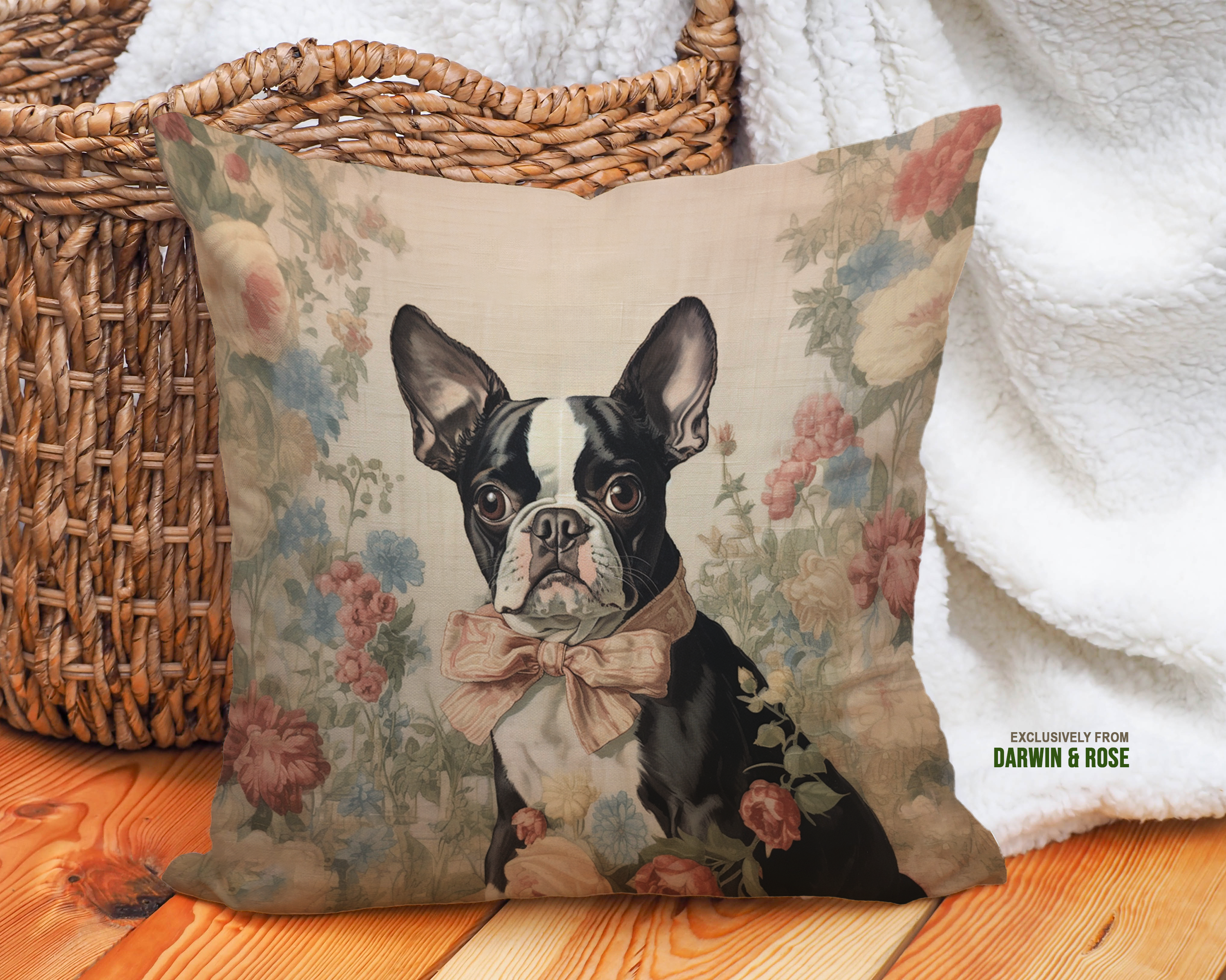Boston Terrier Floral Elegance Throw Pillow – Vintage Cottage Style