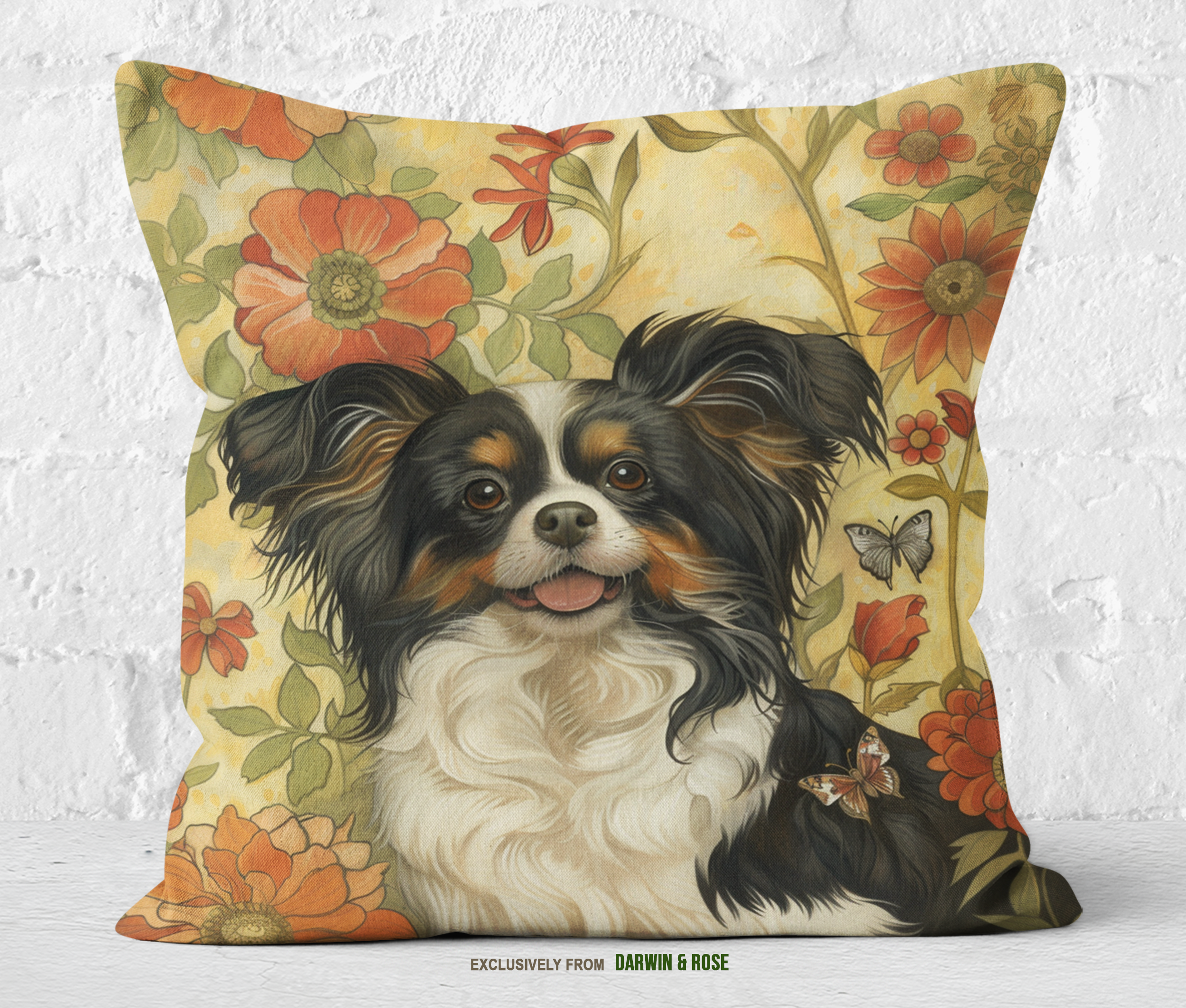 Papillon Dog Floral Charm Throw Pillow - Vintage Boho Style