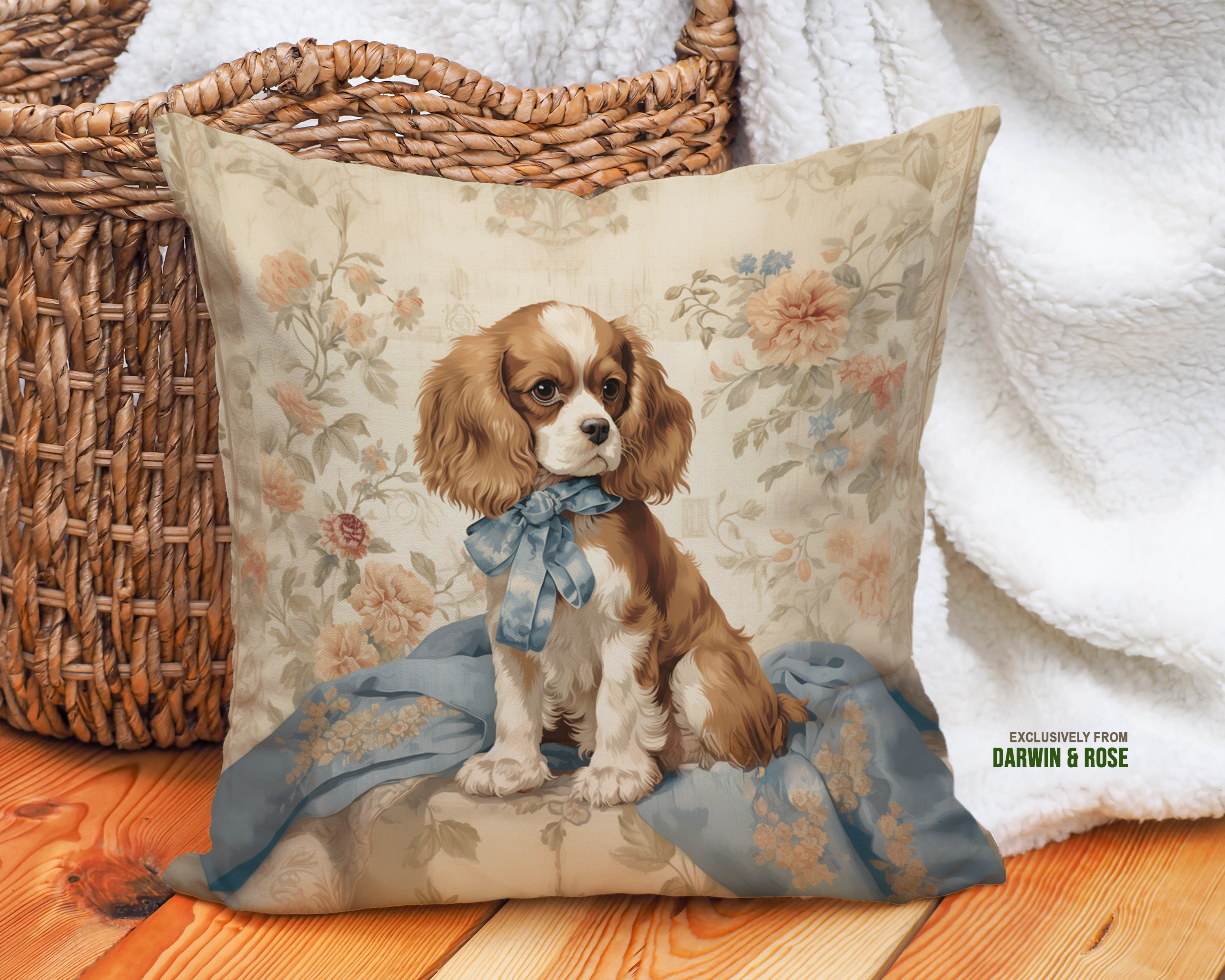 Cavalier Charm Vintage Throw Pillow - Elegant Floral Design for Dog Lovers