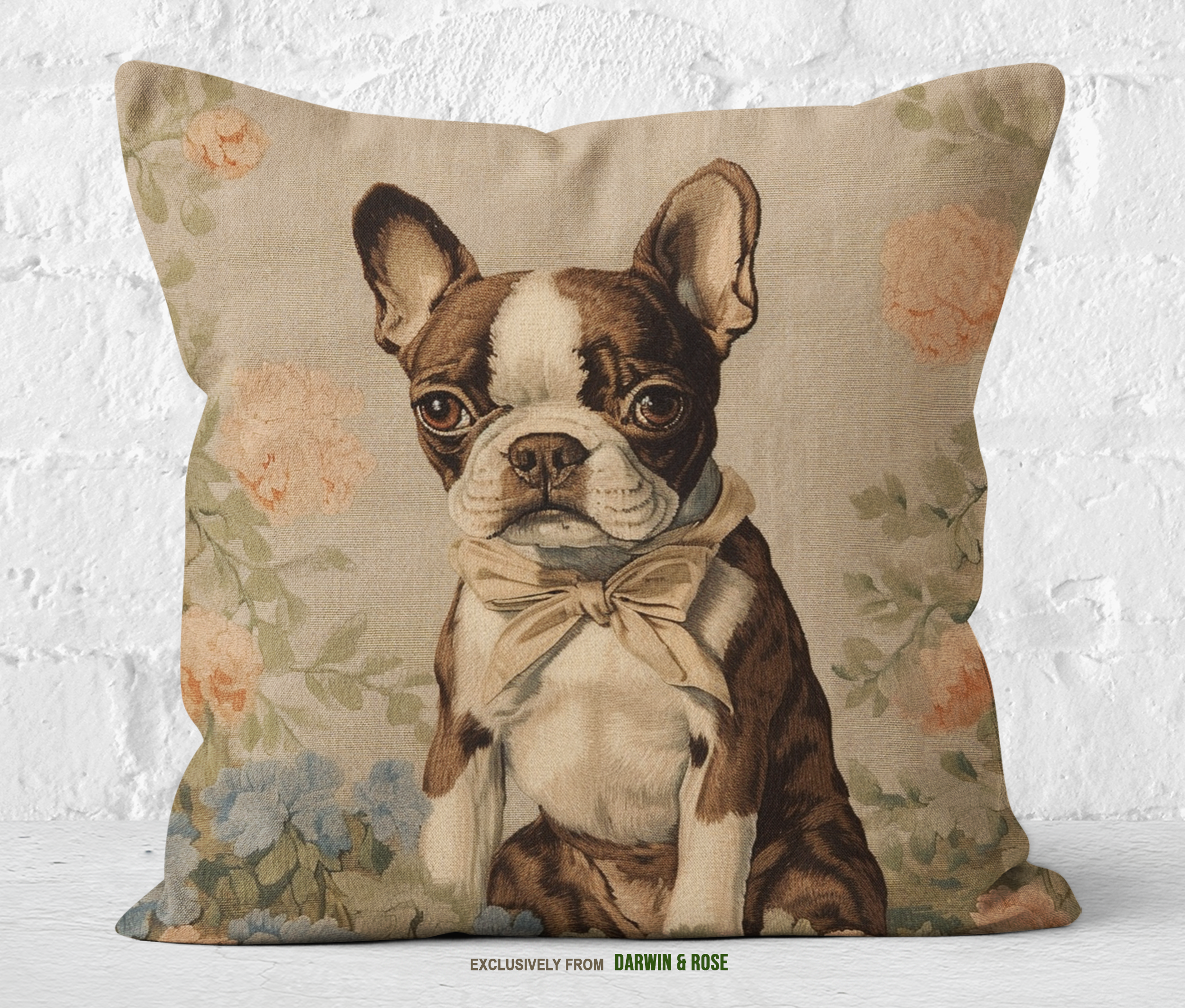 Brown Boston Terrier Floral Vintage Throw Pillow - Farmhouse Chic Home Decor