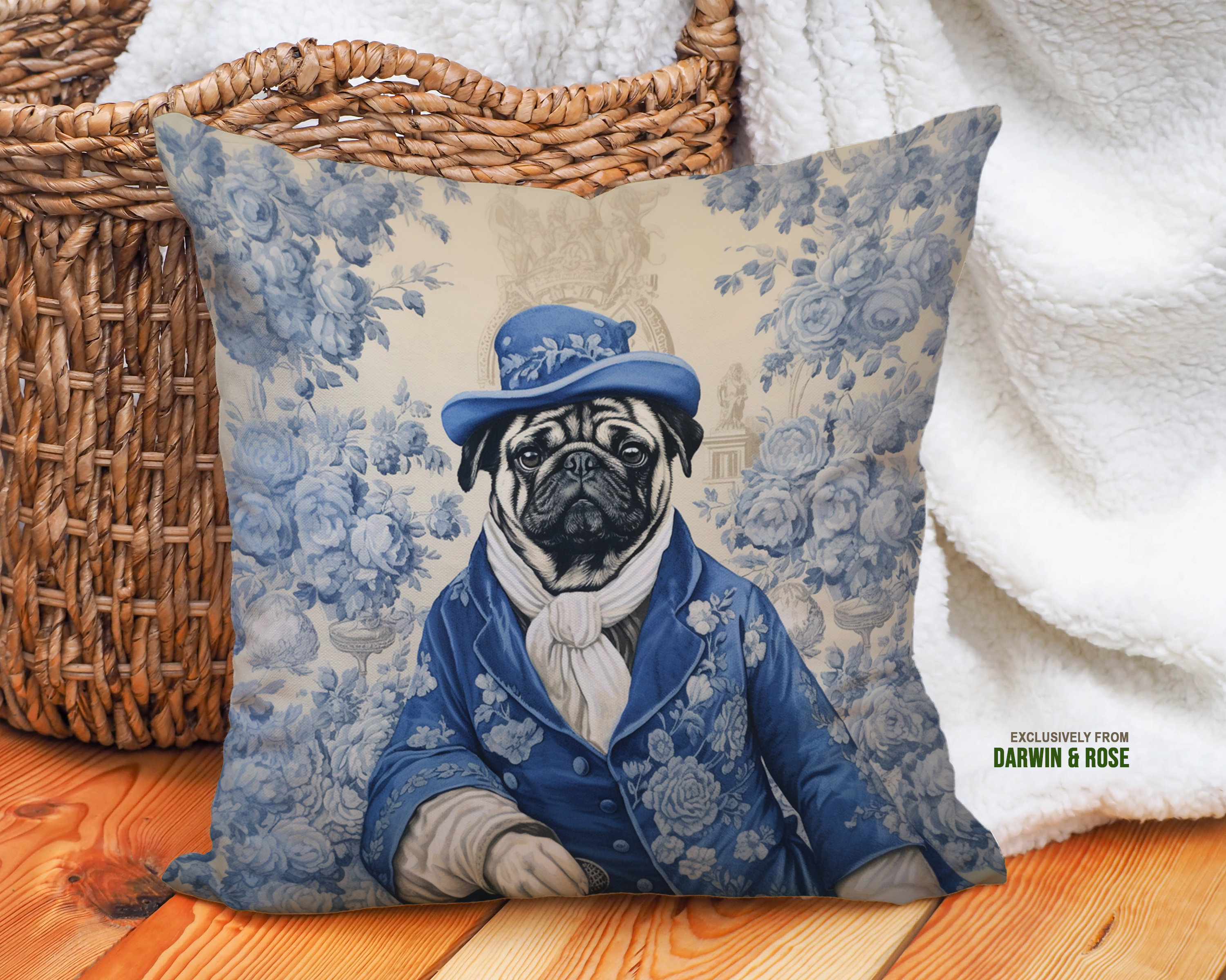 Regal Blue Pug Throw Pillow – Vintage Victorian Style Home Décor