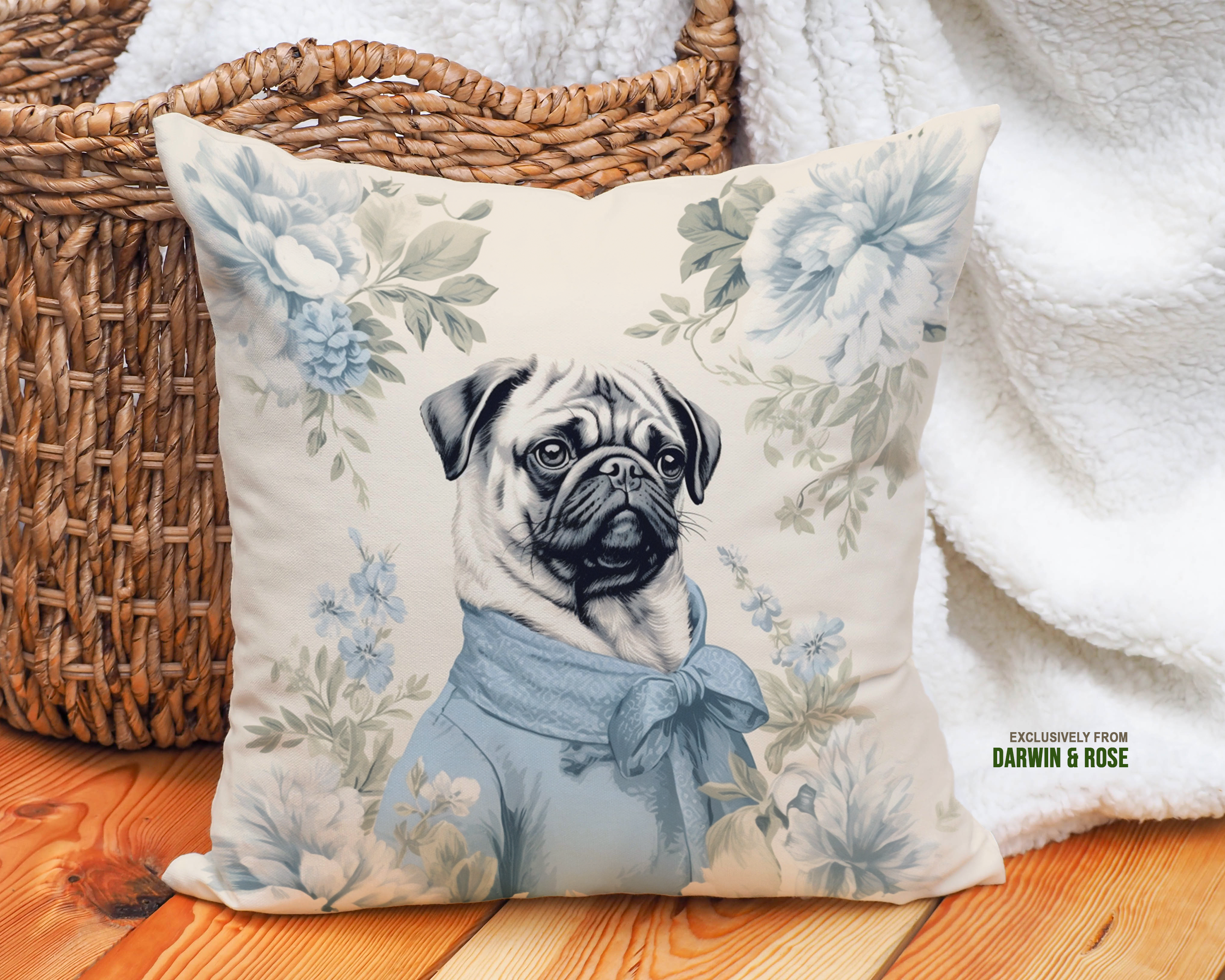 Charming Blue Pug Throw Pillow – Vintage Floral Design for Modern Decor