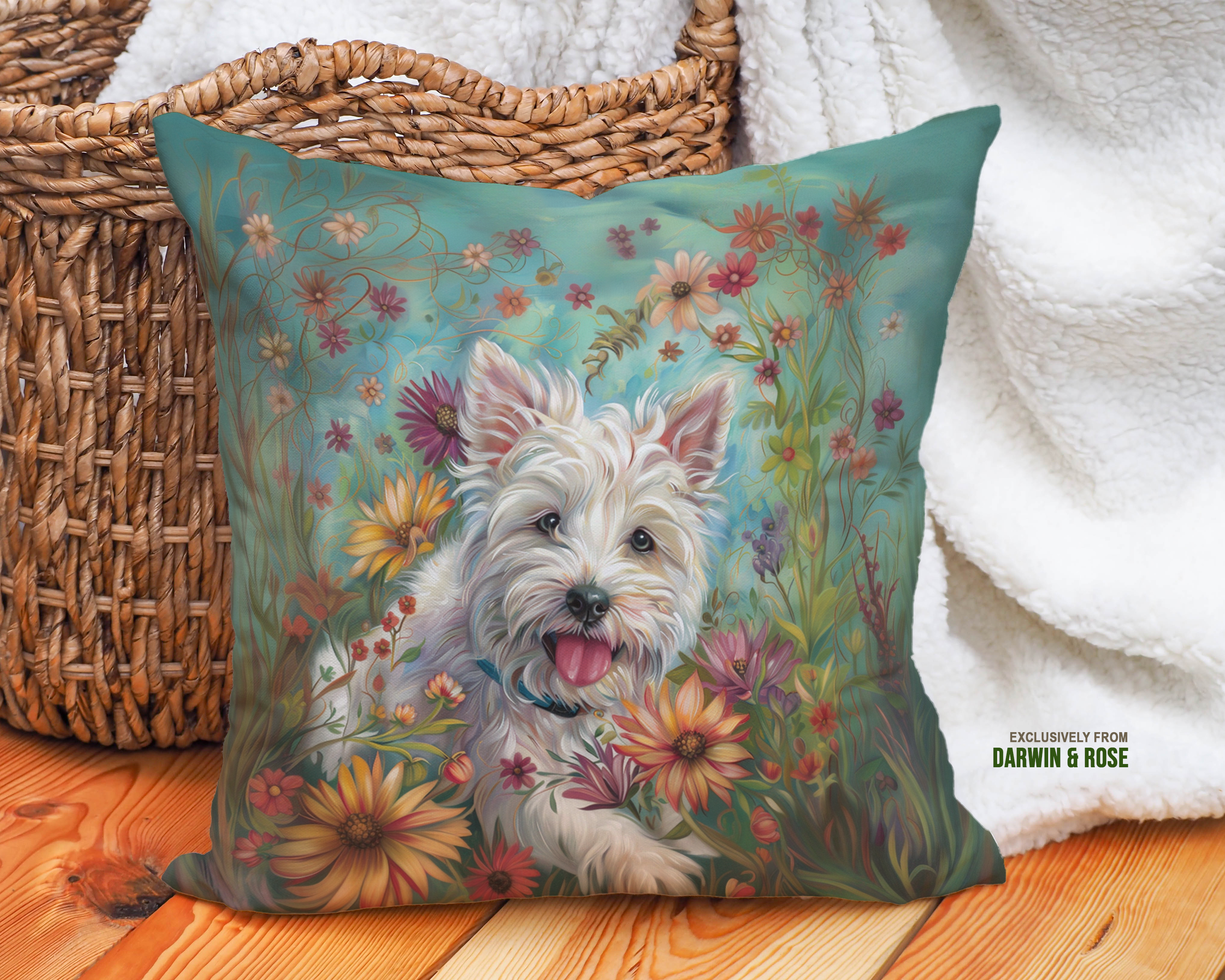 West Highland White Terrier Floral Boho Throw Pillow