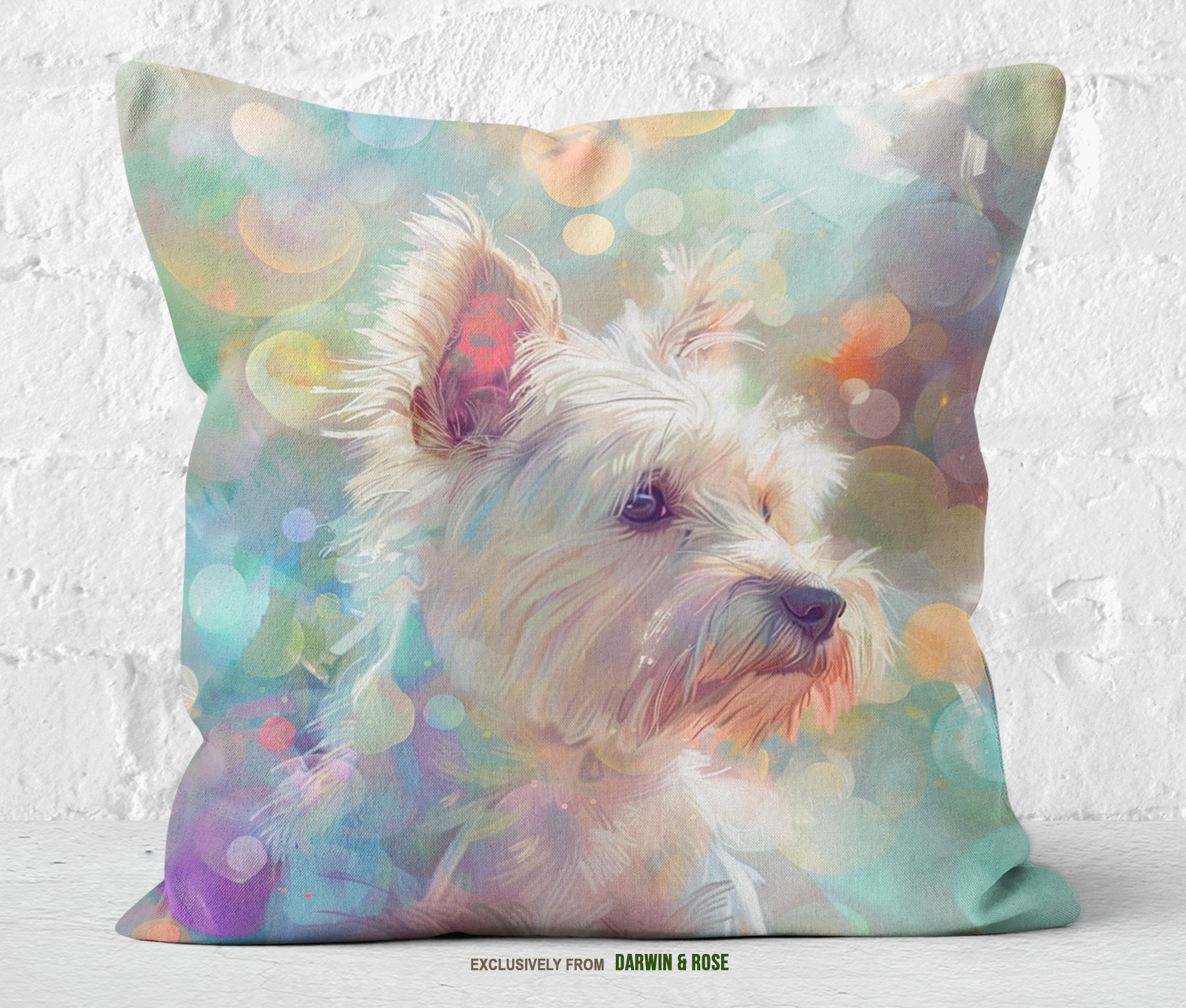 Westie Wonderland Throw Pillow – Modern Pastel West Highland White Terrier Design