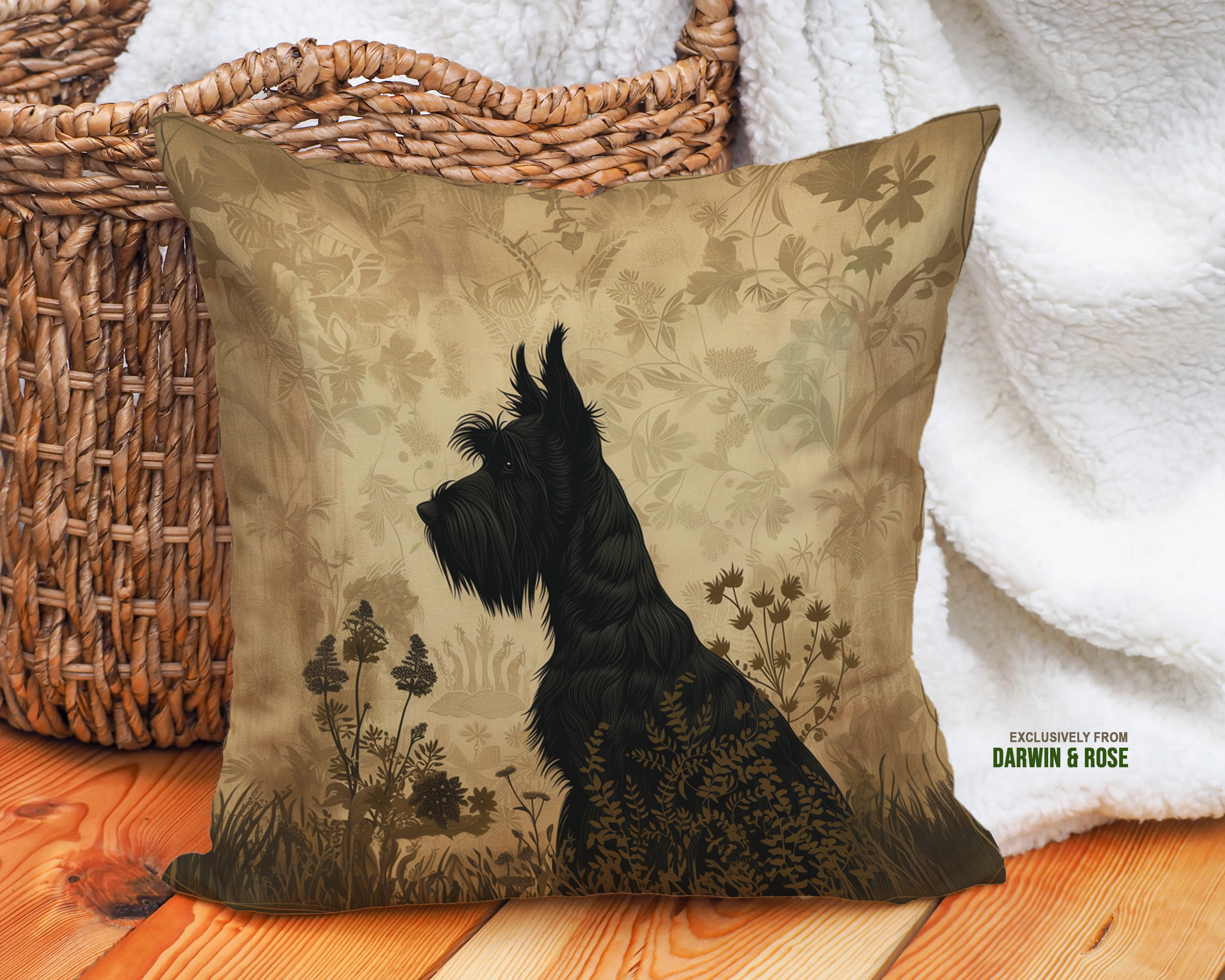Scottish Terrier Vintage Floral Throw Pillow - Elegant Farmhouse Style Decor